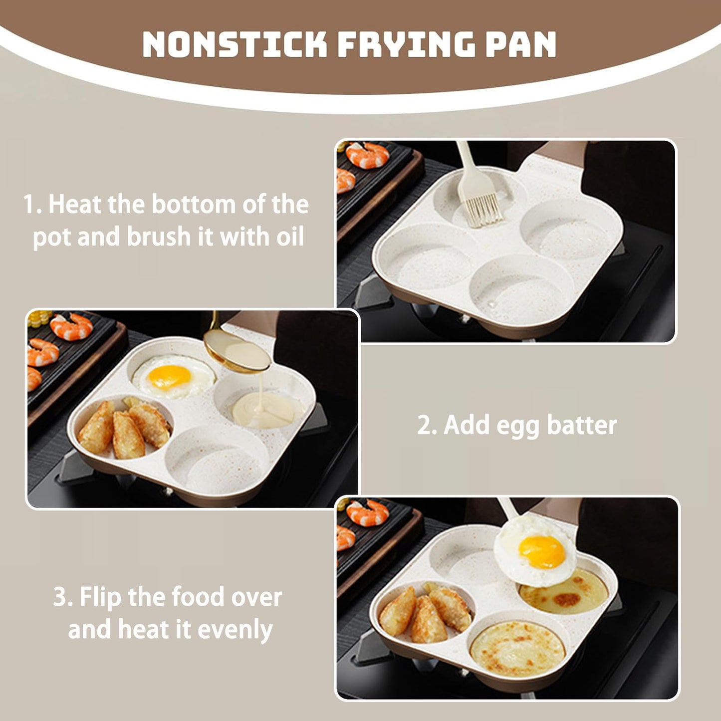 JUSTUP Egg Frying Pan, 4-in-1 Nonstick Omelet Pan with Heat Resistant Handle, 4-Cup Breakfast Divided Grill Pan for Egg, Bacon and Burgers (White)