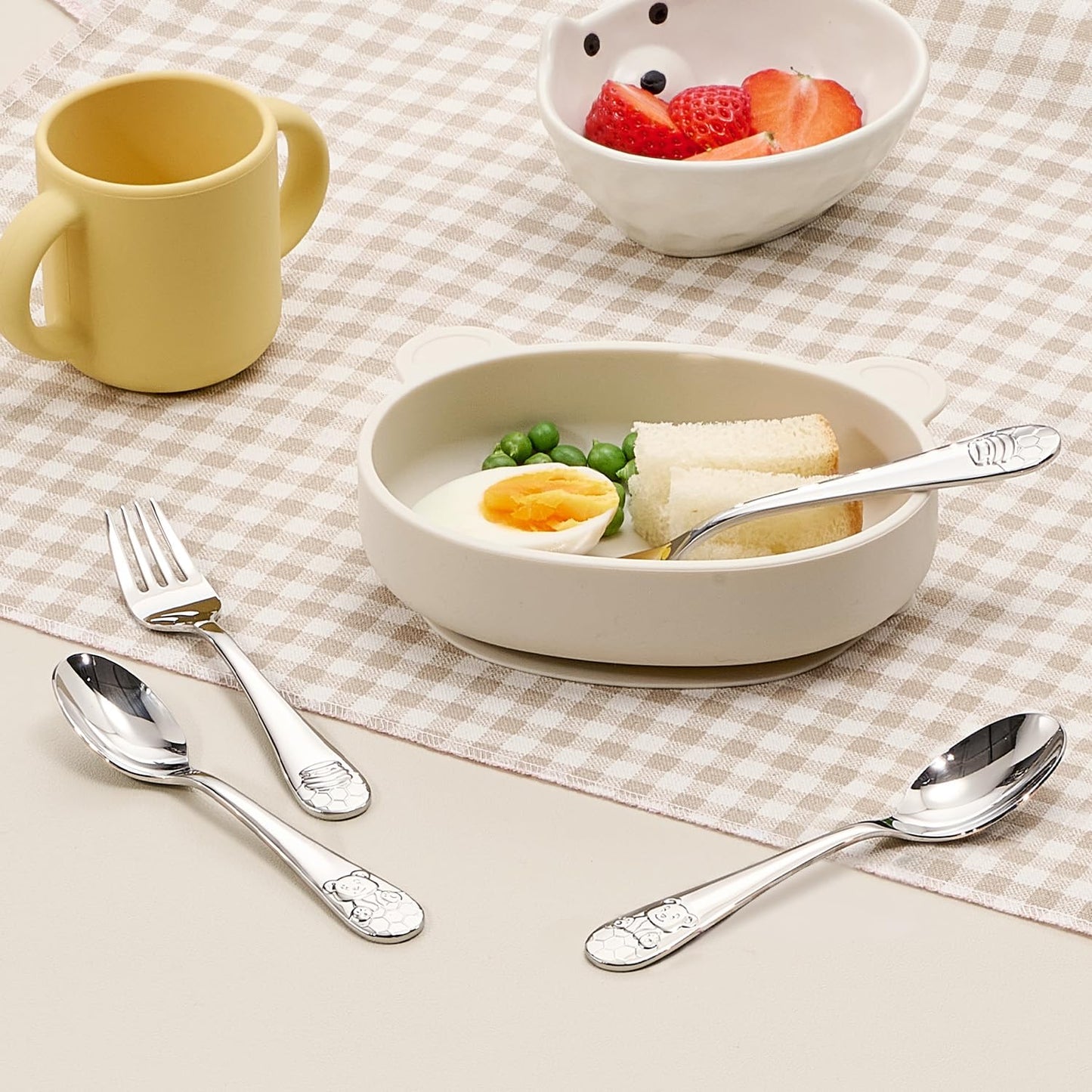 KINGSTONE Toddler Utensils Set, 12-Piece Small Forks & Spoons, 18/10 Stainless Steel, Ergonomic Self-Feeding Children’s Flatware for Home & Preschool, Honey Bear Print