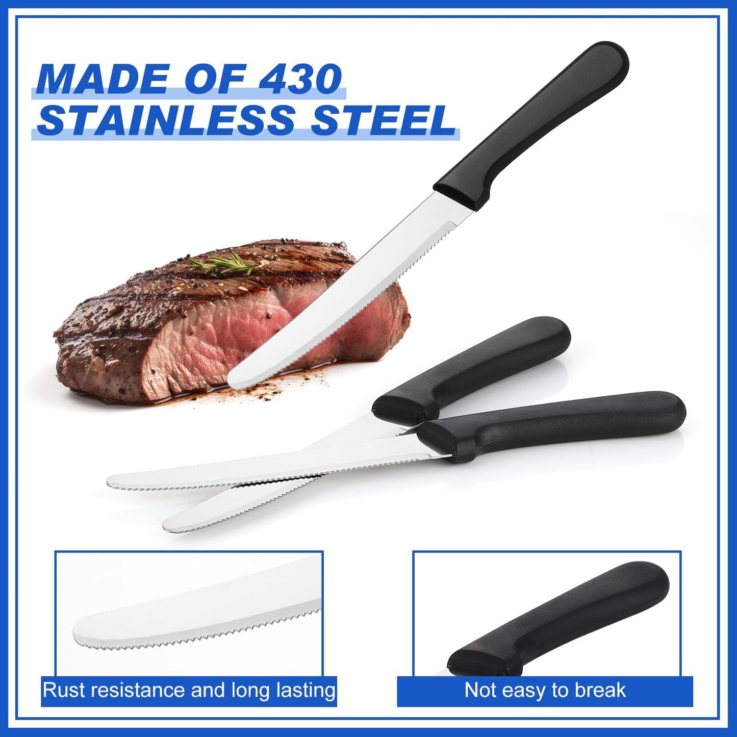 Zhehao 100 Pcs Steak Knives 8.39 Inches Rounded Serrated Steak Blade Knife Stainless Steel Round Tip Knife with Plastic Handle for Kitchen Butter Restaurant (Black)