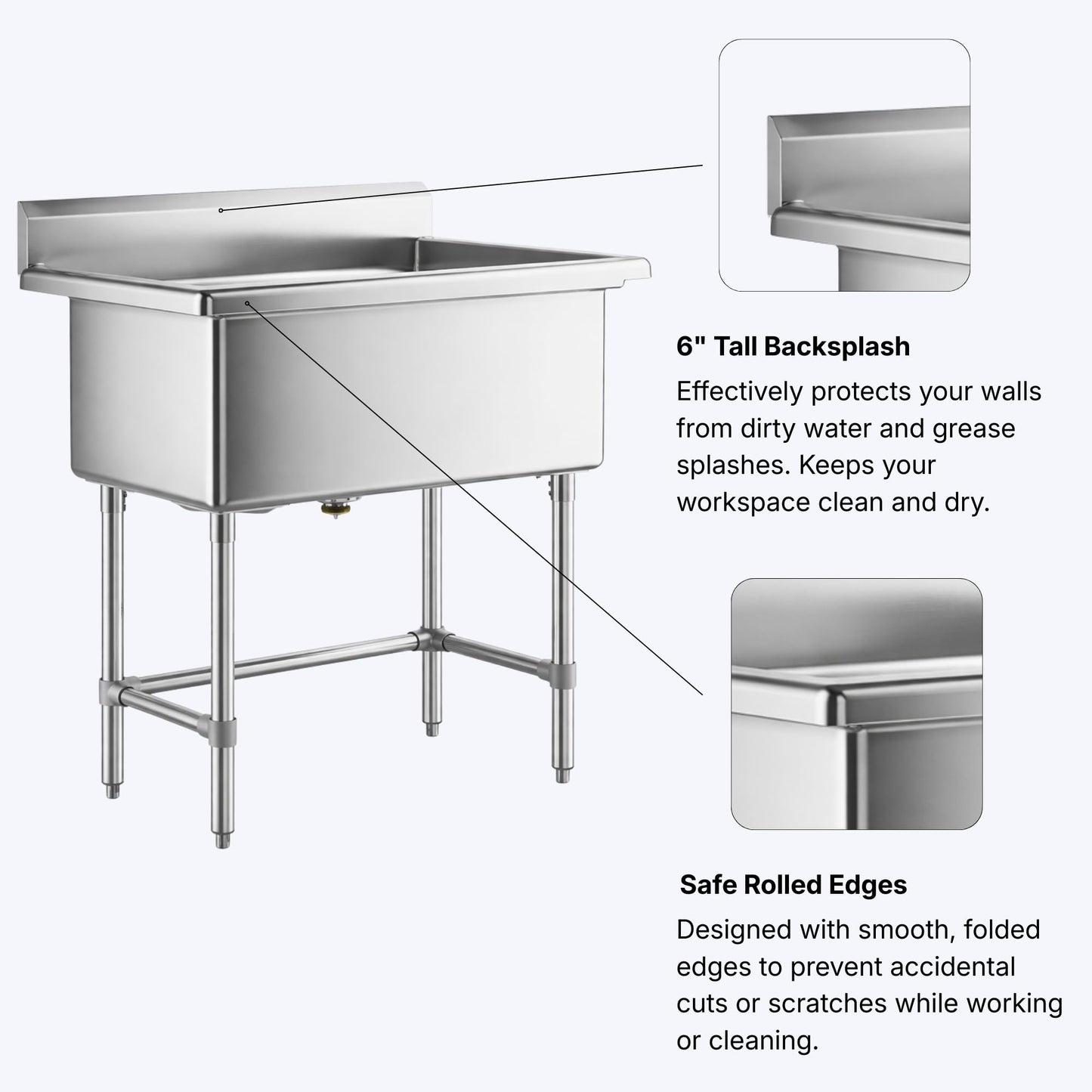 Commercial Stainless Steel Utility Sink with Backsplash, Single Compartment, 32" x 16" x 12" Deep Bowl, 16-Gauge - for Janitorial Area, Commercial Kitchen, Garage, Laundry Room