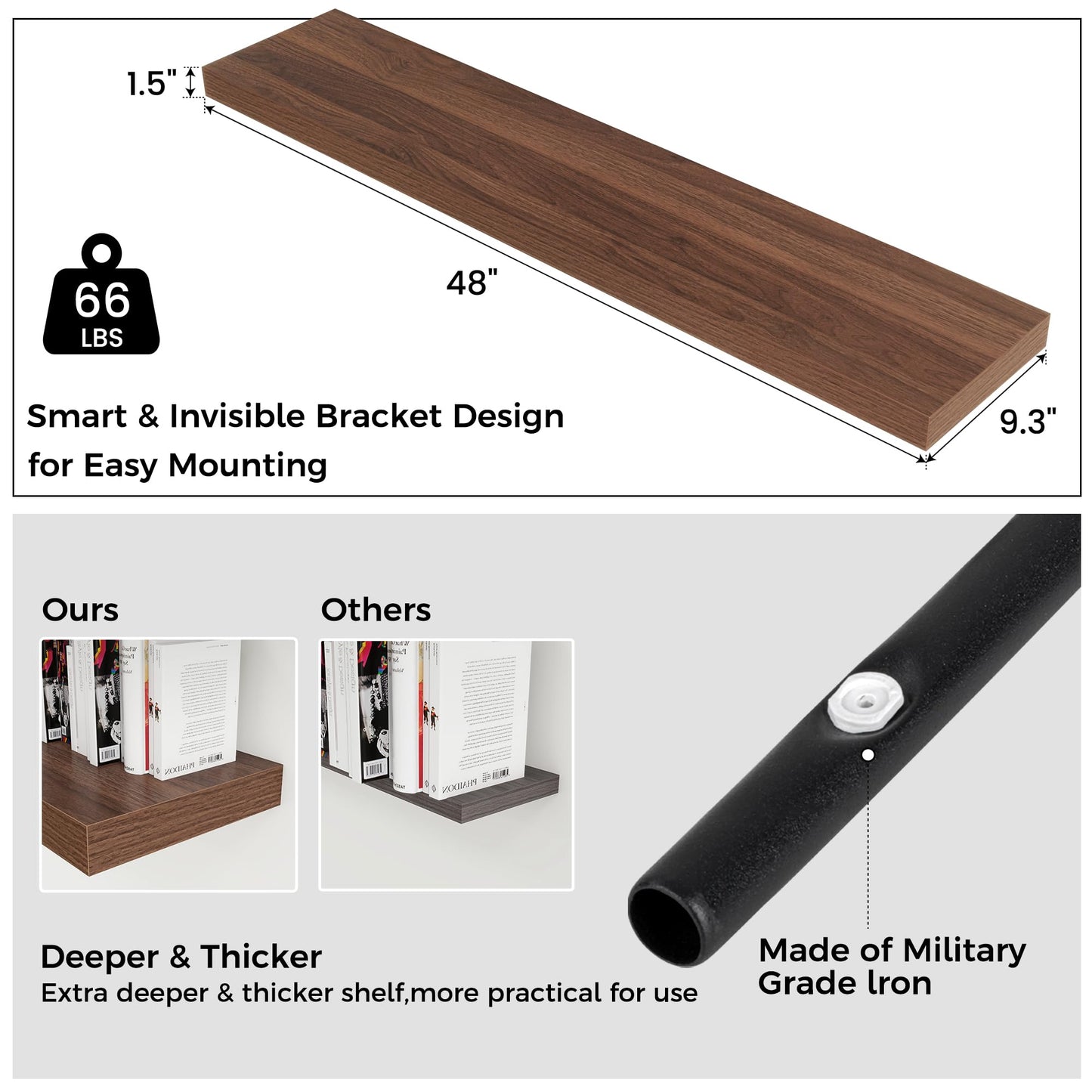 Venusmiles Floating Shelves for Wall, Engineered Wood Wall Shelves with Invisible Brackets for Living Room Bedroom Bathroom Office Kitchen Decor and Storage (Walnut, 48" W x 9" D x 1.5" H) Set of 2