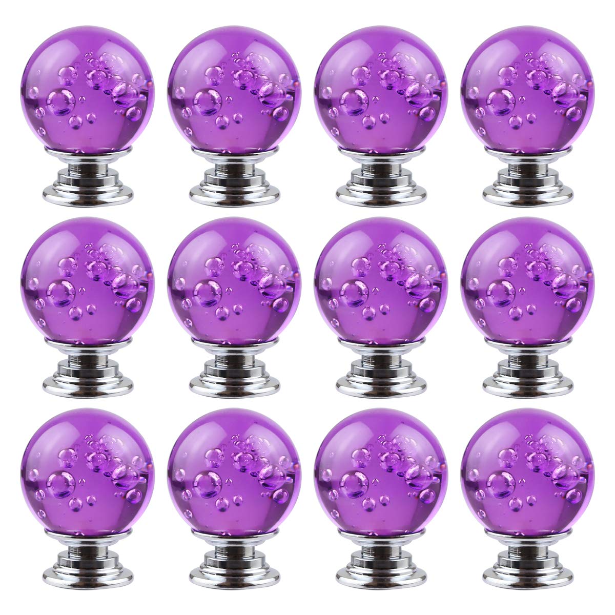 BNYZWOT 12 PCS Crystal Cabinet Knobs Round Glass Bubbles Knobs Smooth Drawer Pulls Handle for Home, Cabinet, Drawer and Dresser with 3 Different Size Screws, 30MM (Purple)