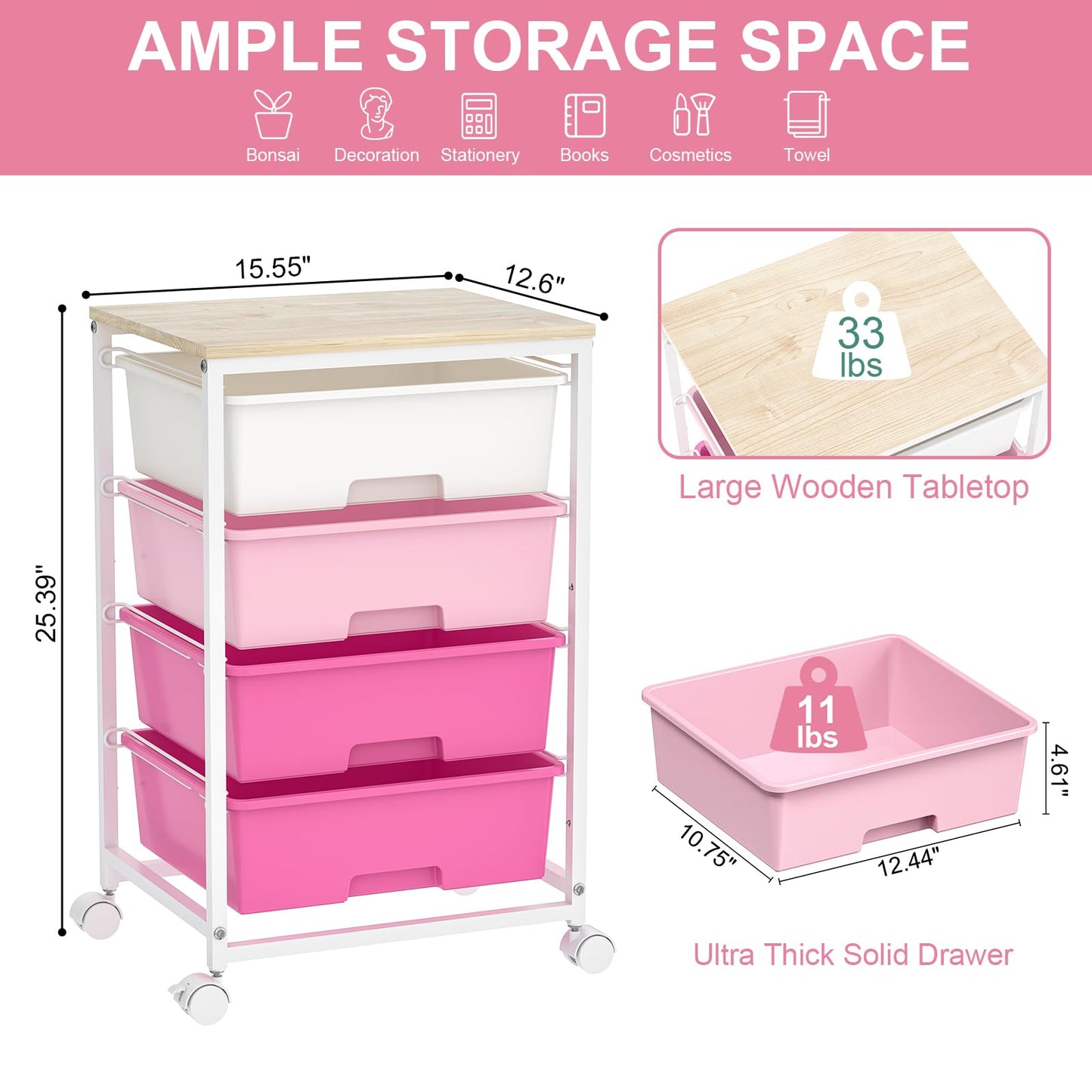 SYKIARIOL Utility-Rolling-Craft-Storage-Cart-Organizer with 4 Drawers and Wooden Tabletop, 4 Tier Drawer Cart for Home Office, Kid Room, Classroom Teacher, Dorm, Pink
