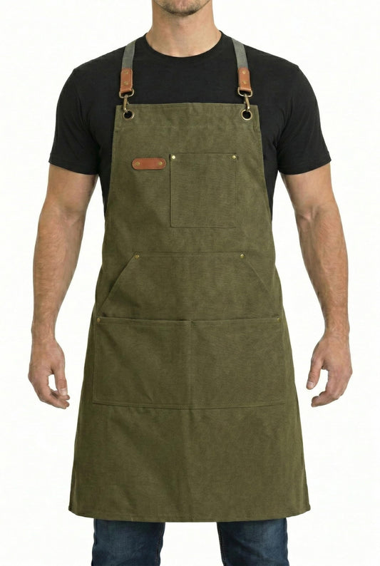 HYVOROS Chef Apron for Men Women with Straps,Canvas apron with pockets, Adjustable, Durable, and Stylish Aprons for BBQ Kitchen (Olive Green)
