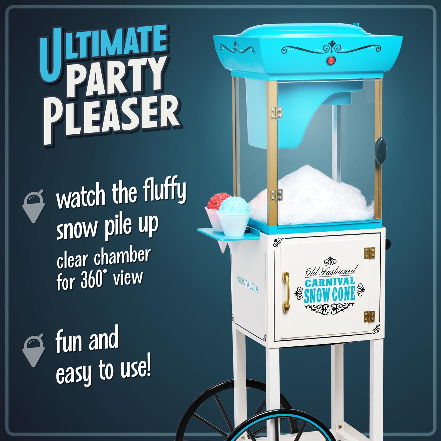 Nostalgia Snow Cone Shaved Ice Machine - Retro Cart Slushie Machine Makes 48 Icy Treats - Includes Metal Scoop, Storage Compartment, Wheels for Easy Mobility - White, Blue