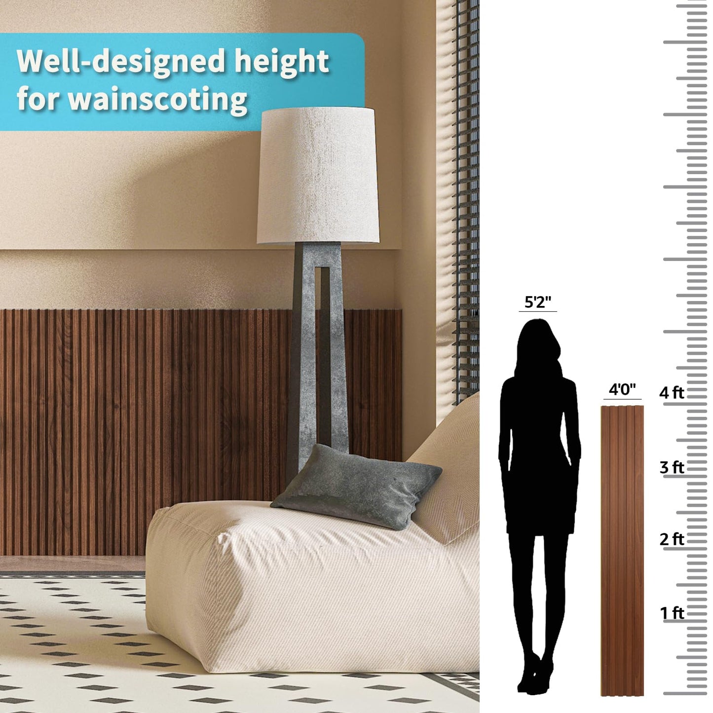 Art3d WPC Wainscoting Panels, 16-Pack 48 x 6 Inch 3D Wall Accents for Interior Wall Decor, Living Room, Bedroom, Teak
