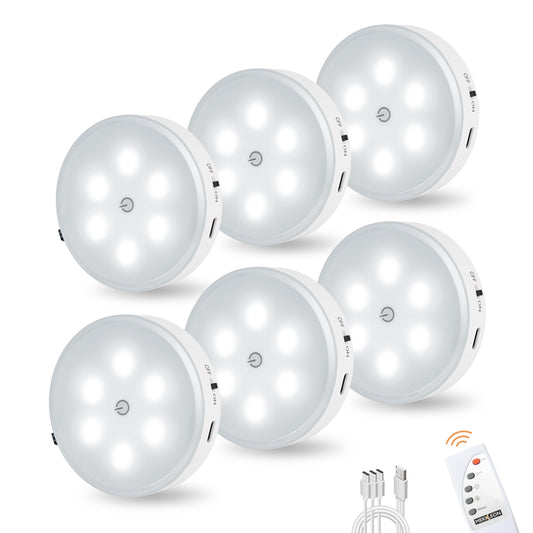 Puck Lights with Remote Control, Magnetic Under Cabinet Lighting, 1200mAh Rechargeable Stick On Lights for Under Cabinet, Hallway, Stairway, Closet (Cool White, 6pcs)