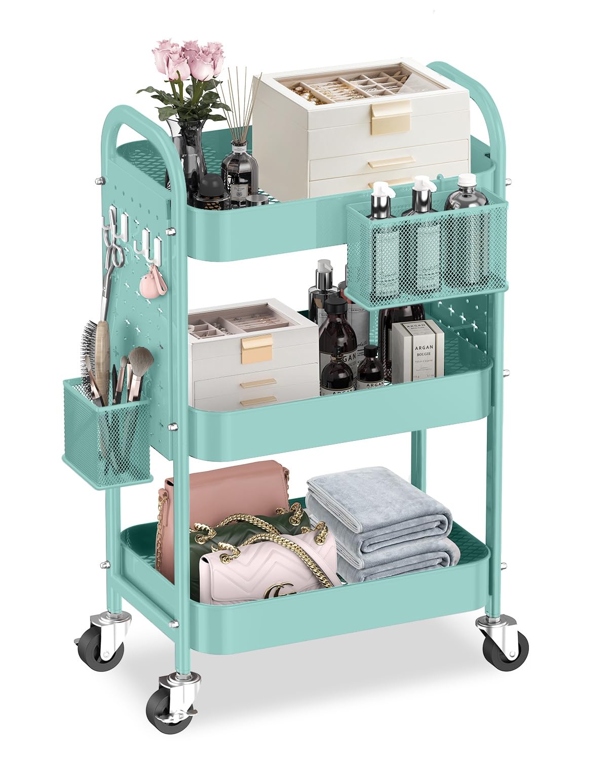 ALVOROG 3 Tier Rolling Cart with DIY Pegboards Metal Utility Cart with Wheels Handles Baskets Hooks, Craft Cart for Office Kitchen Bathroom(Tiffany Blue)