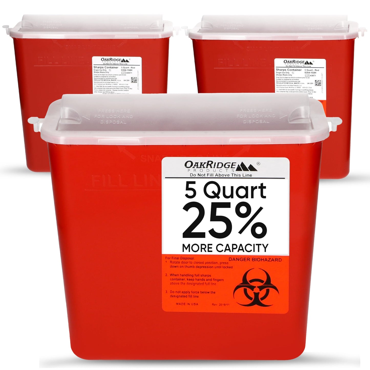 Oakridge Products Sharps Container for Home Use and Professional 5 Quart (3-Pack), Biohazard Needle and Syringe Disposal, Horizontal Drop Style Lid with levers, CDC Certified