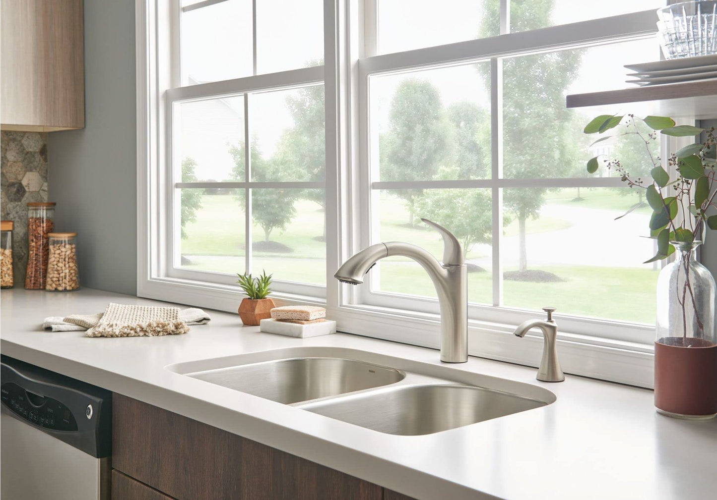 Moen Spot Resist Stainless Transitional Deck Mounted Kitchen Soap Dispenser with Above the Sink Refillable Bottle, S3946SRS