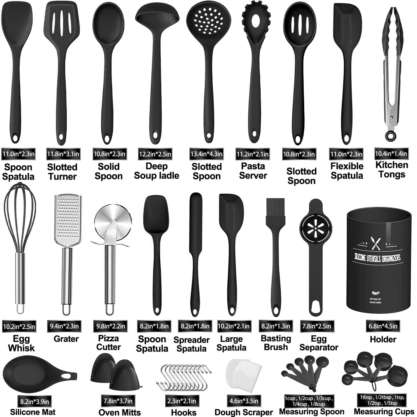 43 Pcs AIKKIL Kitchen Utensils Set, Heat Resistant Silicone Cooking Kitchen Utensils Set with Holder, Spoon, Spatula, Kitchen Gadgets Tools Set For Nonstick Cookware, Dishwasher(BPA Free, Black)