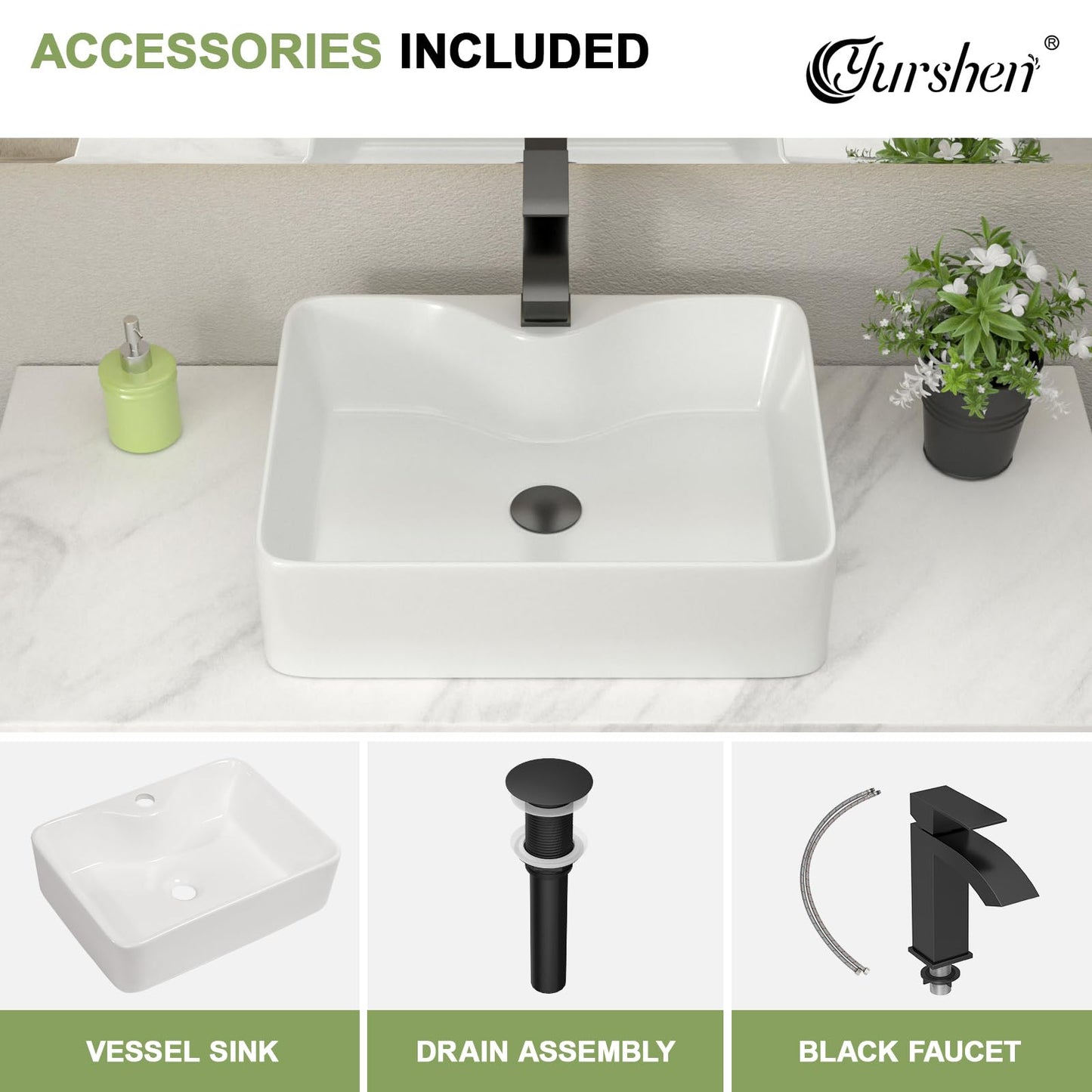 Yurshen 19 Inch Bathroom Sink with Black Faucet- 19"x15" White Ceramic Bathroom Vessel Sink Above Counter Ceramic Sinks Bowl Classic White Glossy Porcelain Sinks