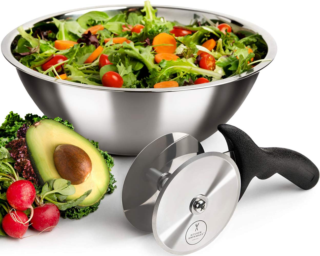 Kitchen Hackables Stainless Steel Salad Cutter Bowl with Chef Grade Mezzaluna Ultra-Fast Salad Prep