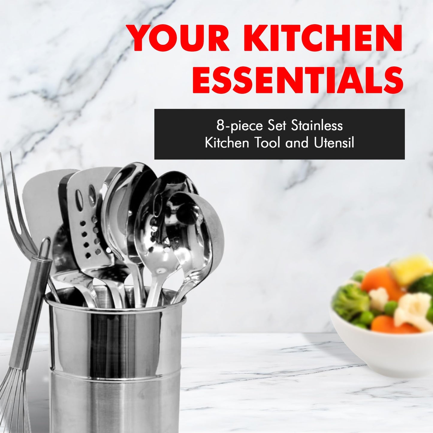 Chef Craft - 8 Piece Stainless Steel Kitchen Utensils Set with Utensil Holder