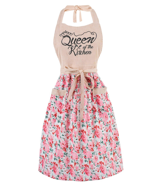 HYVOROS Cute Floral Aprons for Women with Pockets，Cotton Adjustable Neck Strap Apron for Kitchen Cooking Baking Gardening (Pink, Medium)