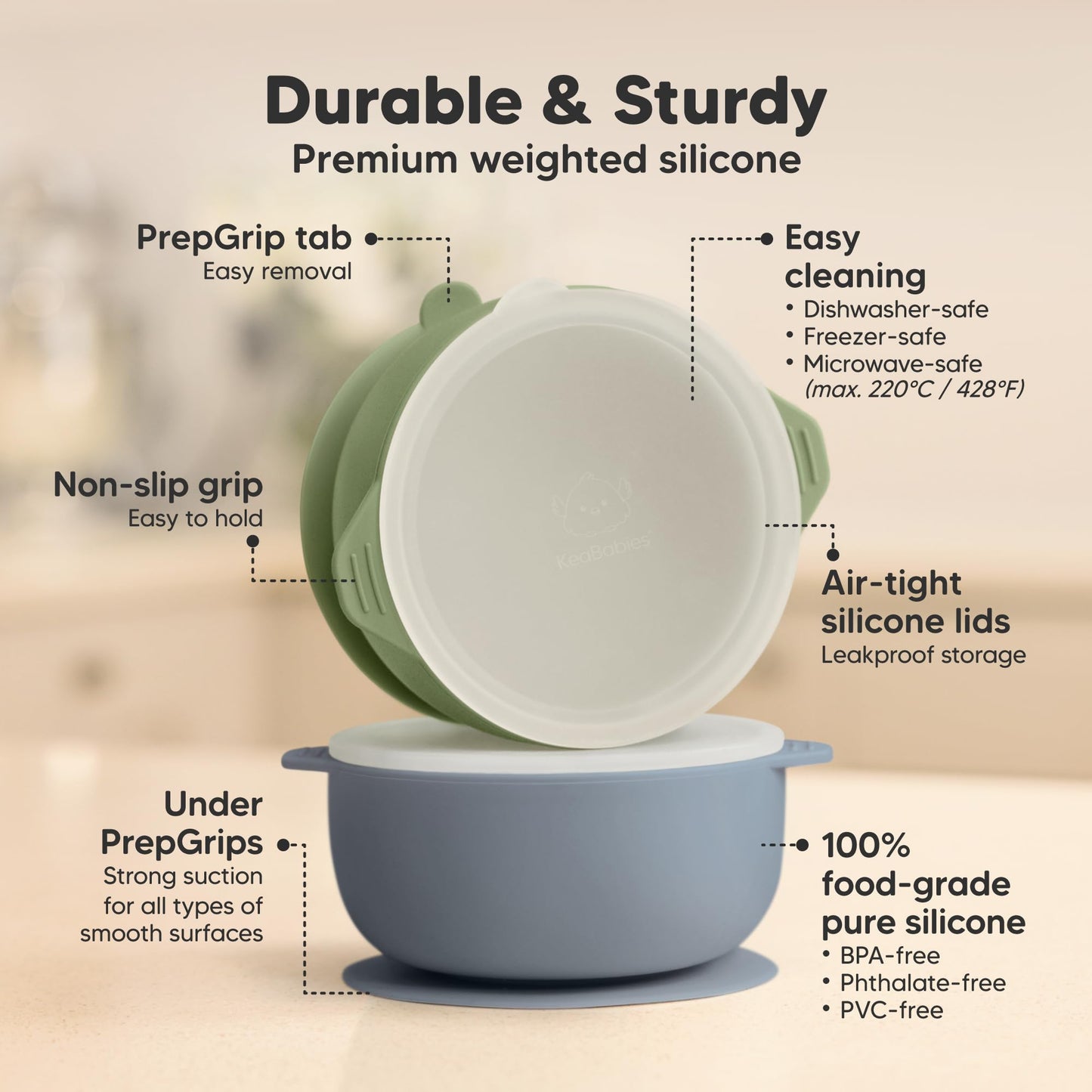 KeaBabies 2-Pack Baby Bowls with Suctions, Lids - Silicone Toddler Suction Bowls for Baby Boy, Girl, Kids, Food Grade Silicone, BPA-Free, Dishwasher Safe, Toddler Eating Essentials (Slate)