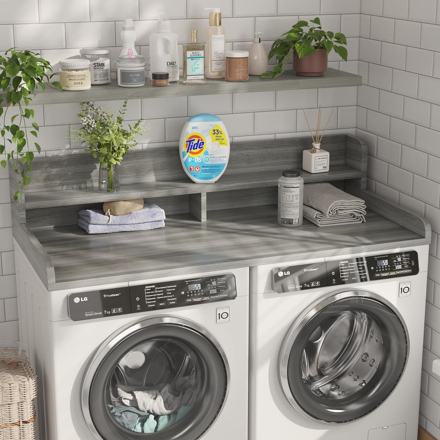 Corbyles 2-Tier Washer Dryer Countertop with 2.75" H Edge Rails, 58" W x 28" D Laundry Countertop for Folding Clothes, Washer and Dryer Topper with Non-Slip Pad (Stripe Gray)