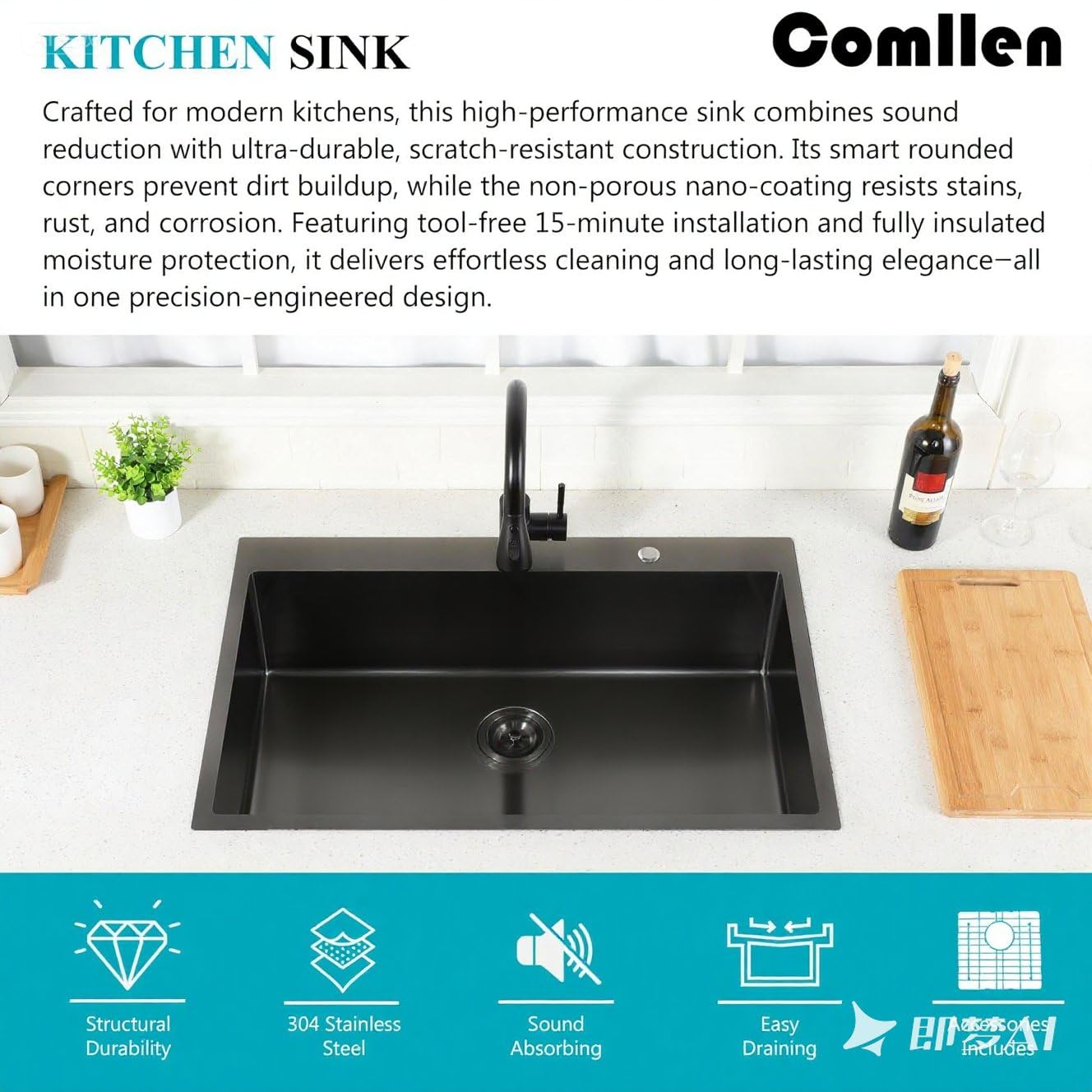 Comllen 28x18 inch Stainless Steel Black Drop In Kitchen Sink,28 Inch Topmount Sinks,16 Gauge 9 Inch Deep Single T304 Single Bowl Kitchen Sink With Strainer