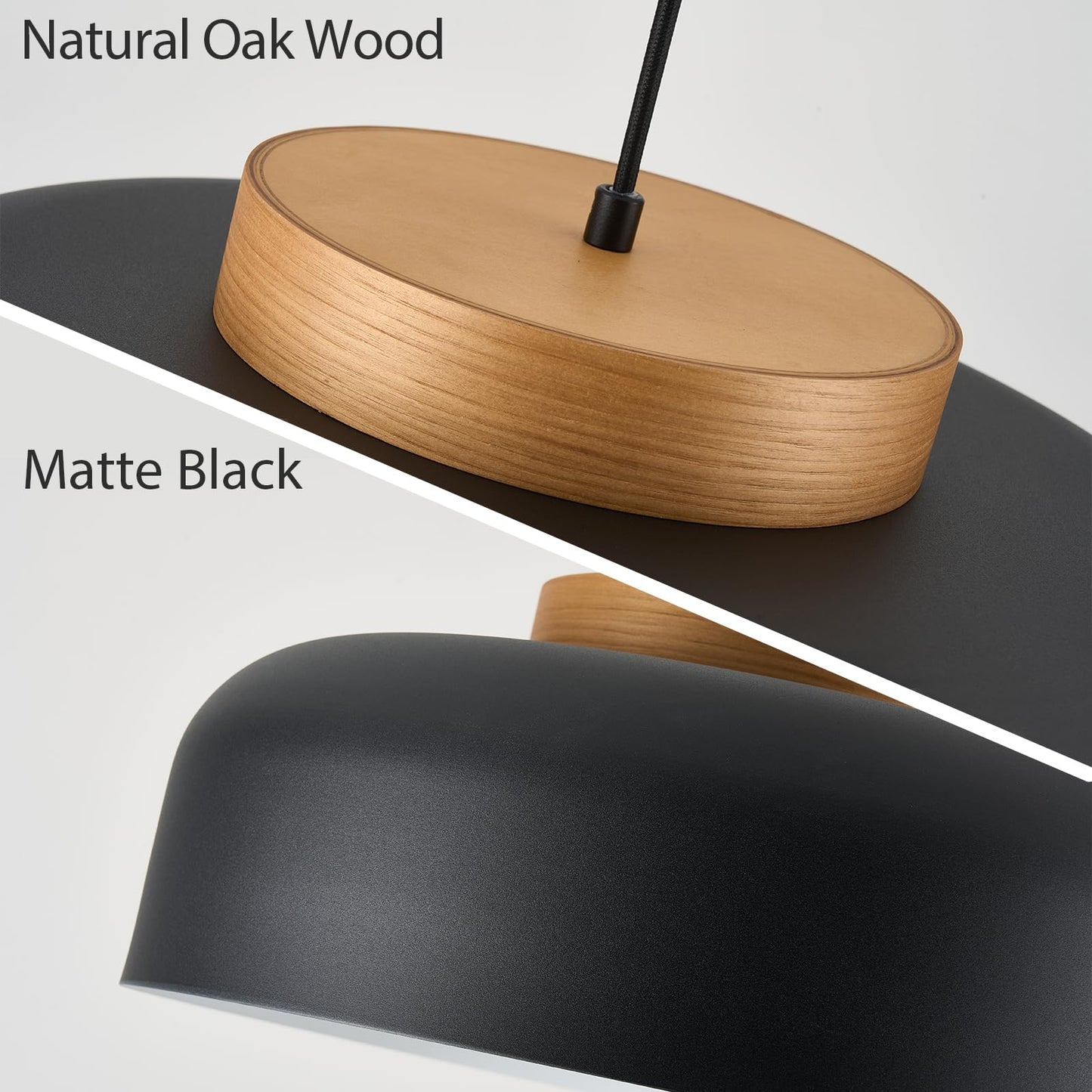 Modern Large Pendant Light Fixture, 17.7 inch,Natural Wood Cap, Matte Black Finish, Simple Pendant Lighting for Kitchen Island, Dining Room, Table