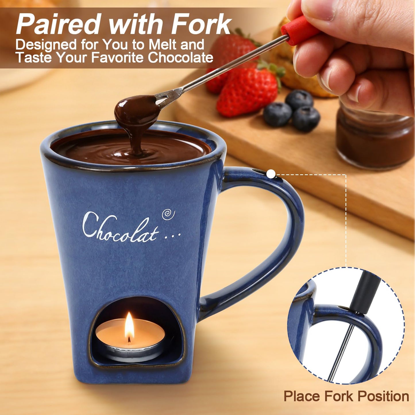 Chocolate Fondue Mug with Fork Sweet Ceramic Personal Chocolate Melting Cup Chocolate Fondue Mug Ideal Gifts for Birthday Date Night Birthday Wedding Gifts (Kiln Transformation)