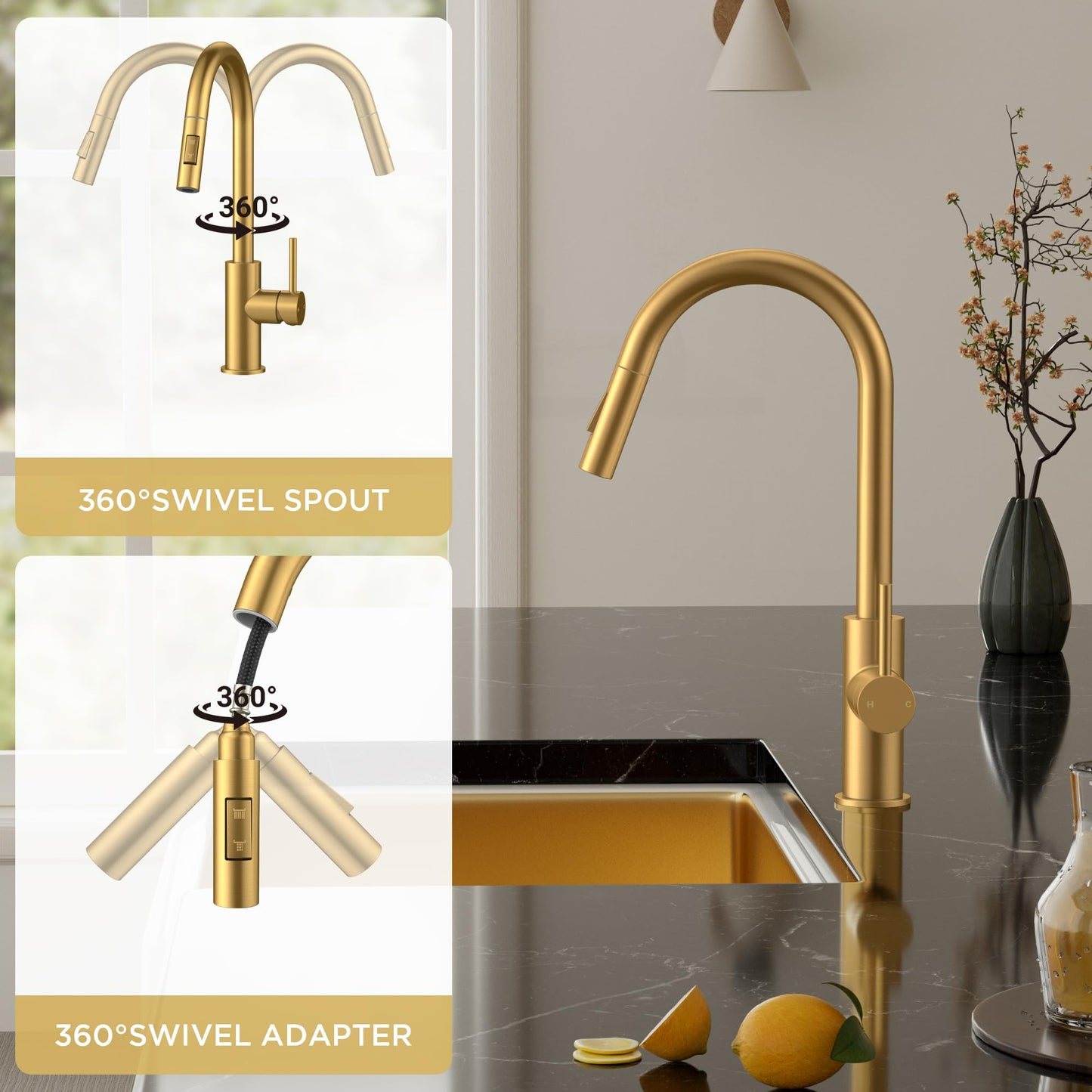FORIOUS Gold Kitchen Faucet with Pull Down Sprayer, Brushed Brass High Arc Gooseneck Modern Sink Faucet with CUPC Ceramic Cartridge, Single Handle Stainless Steel and Deck Plate