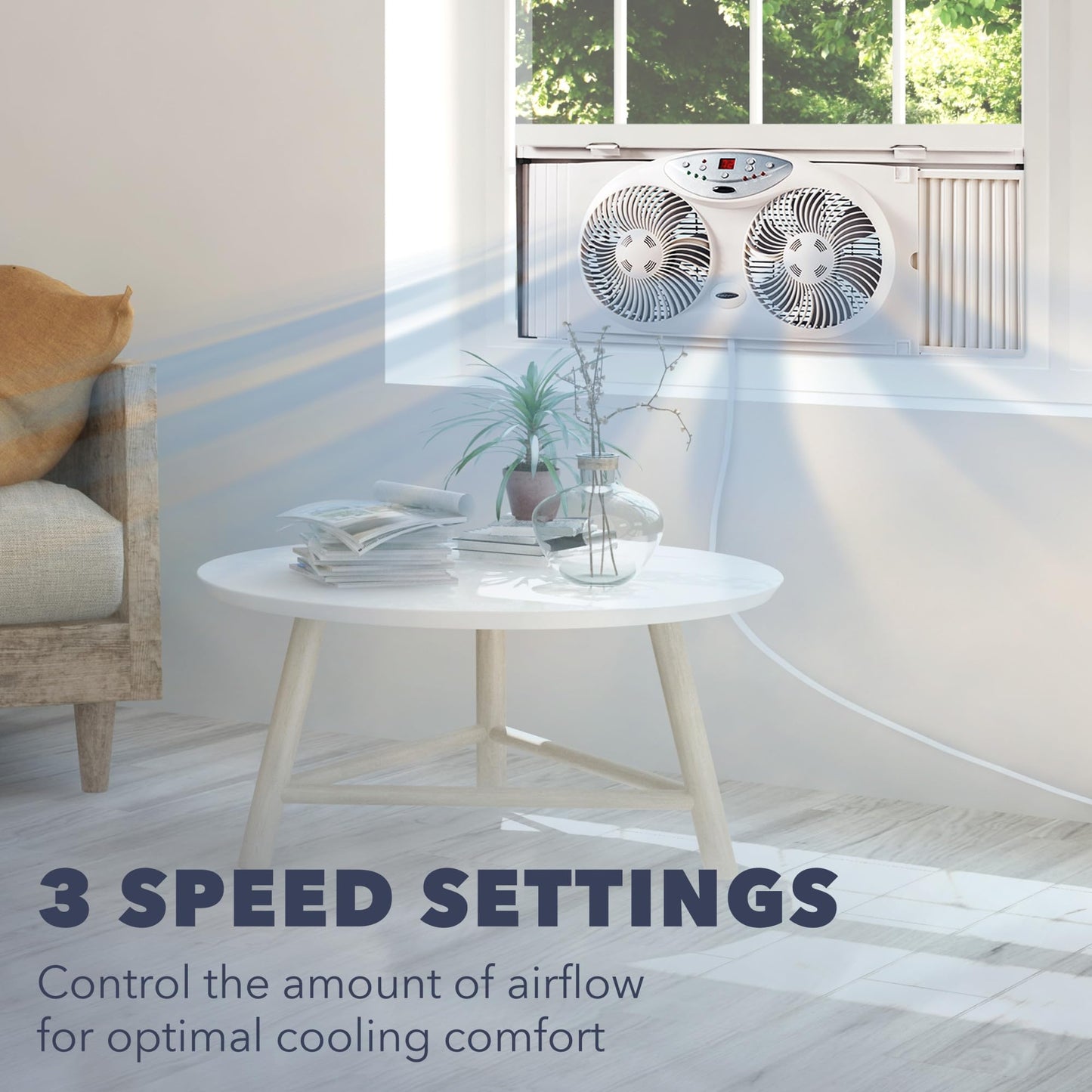 Bionaire Window Fan with Reversible Airflow Blades – 3-Speed Settings, Programmable Thermostat, LED Display, Remote Control, Fits 24–36" Windows, No Assembly Required