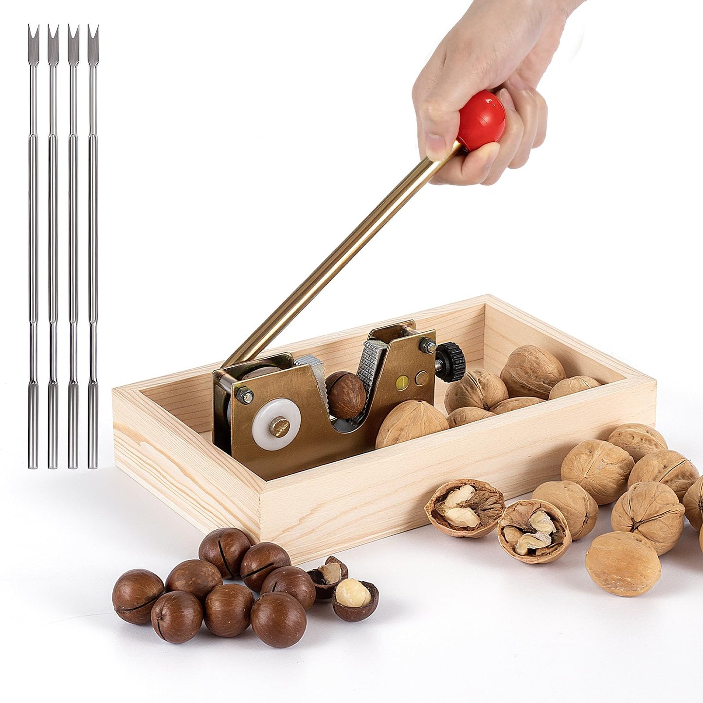Nut Cracker Tool with Adjustable U-Groove - All-in-One Set with Wooden Storage Base & 4 Steel Picks for Pecans, Walnuts, Macadamia & More