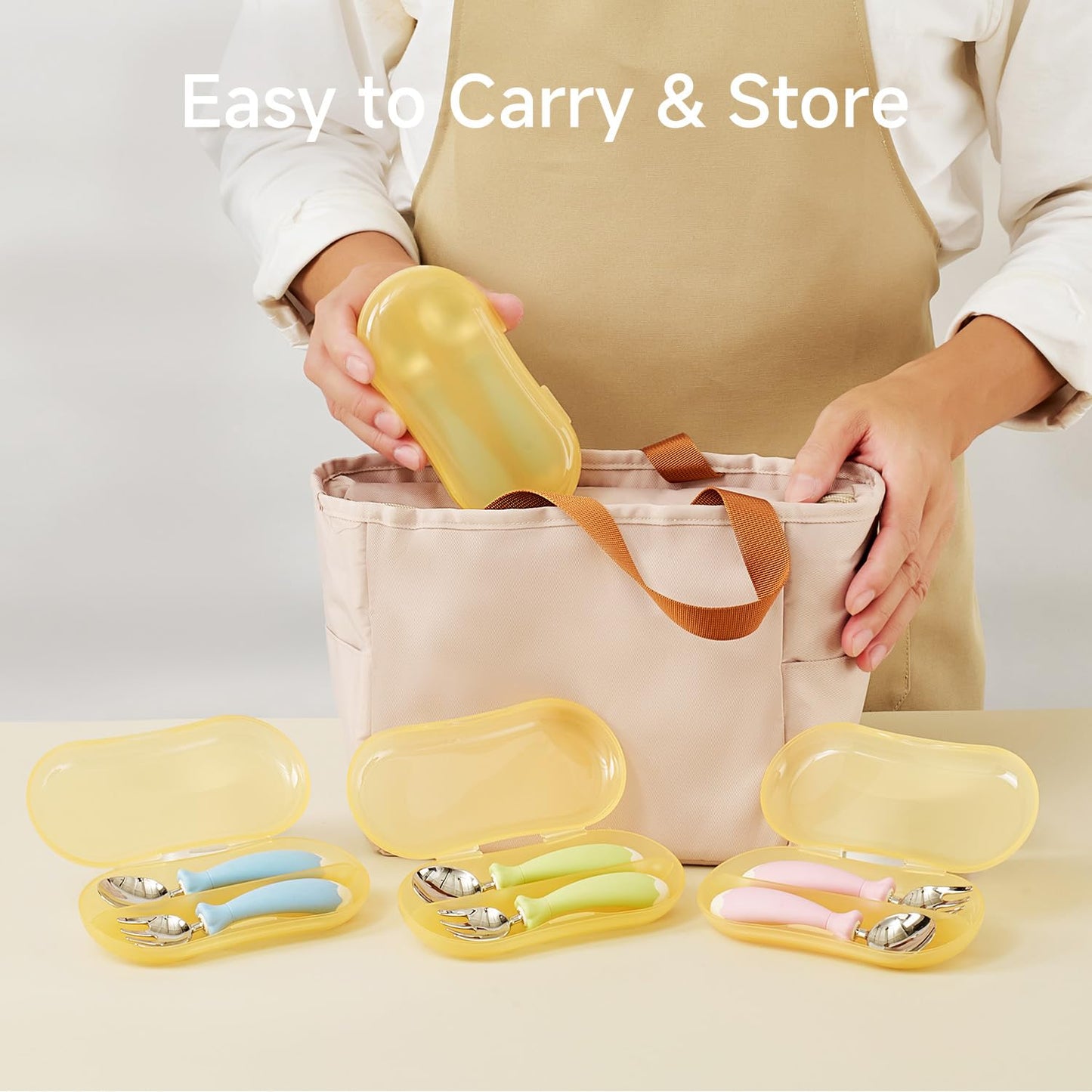 KINGSTONE Toddler Utensils with Case, Kids Silverware Set with Silicone Handles, 18/10 Stainless Steel Children Safe Forks and Spoons, Travel Carrying Cases BPA Free, Dishwasher Safe (blue)