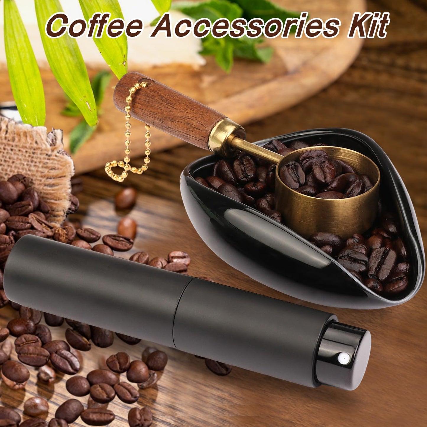 FWUNYVN 4Pcs Coffee Bean Dosing Cup, Spray Bottle, Spoon and Stirrer Tool Set, Coffee Bar Accessories Ceramic Espresso Dosing Funnel Spray Bottle for Reducing Coffee Static, Coffee Lover Gift (Black)