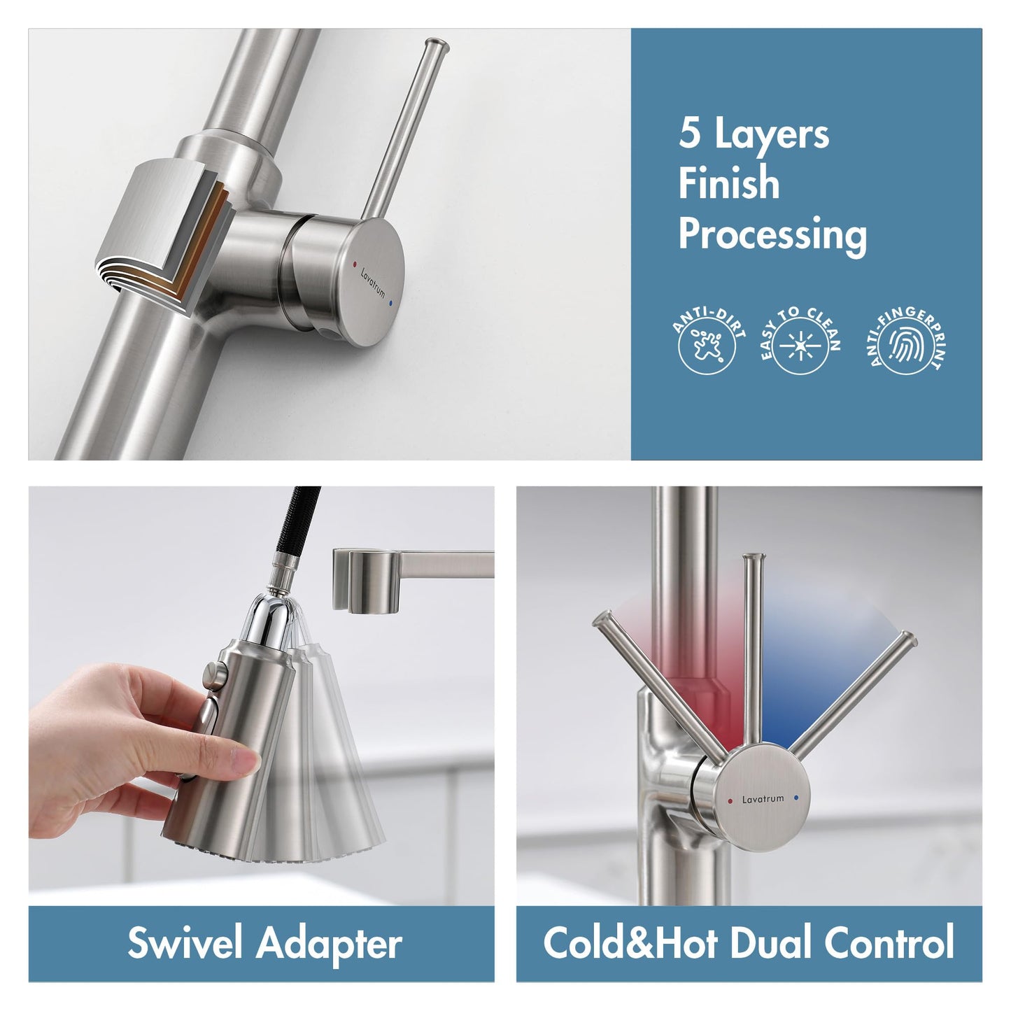 Lavatrum Brushed Nickel Kitchen Faucets, Brass 22 inch Commercial High Arc Single Handle Kitchen Faucets for Pull Down Sprayer Modern Spring with Deck Plate