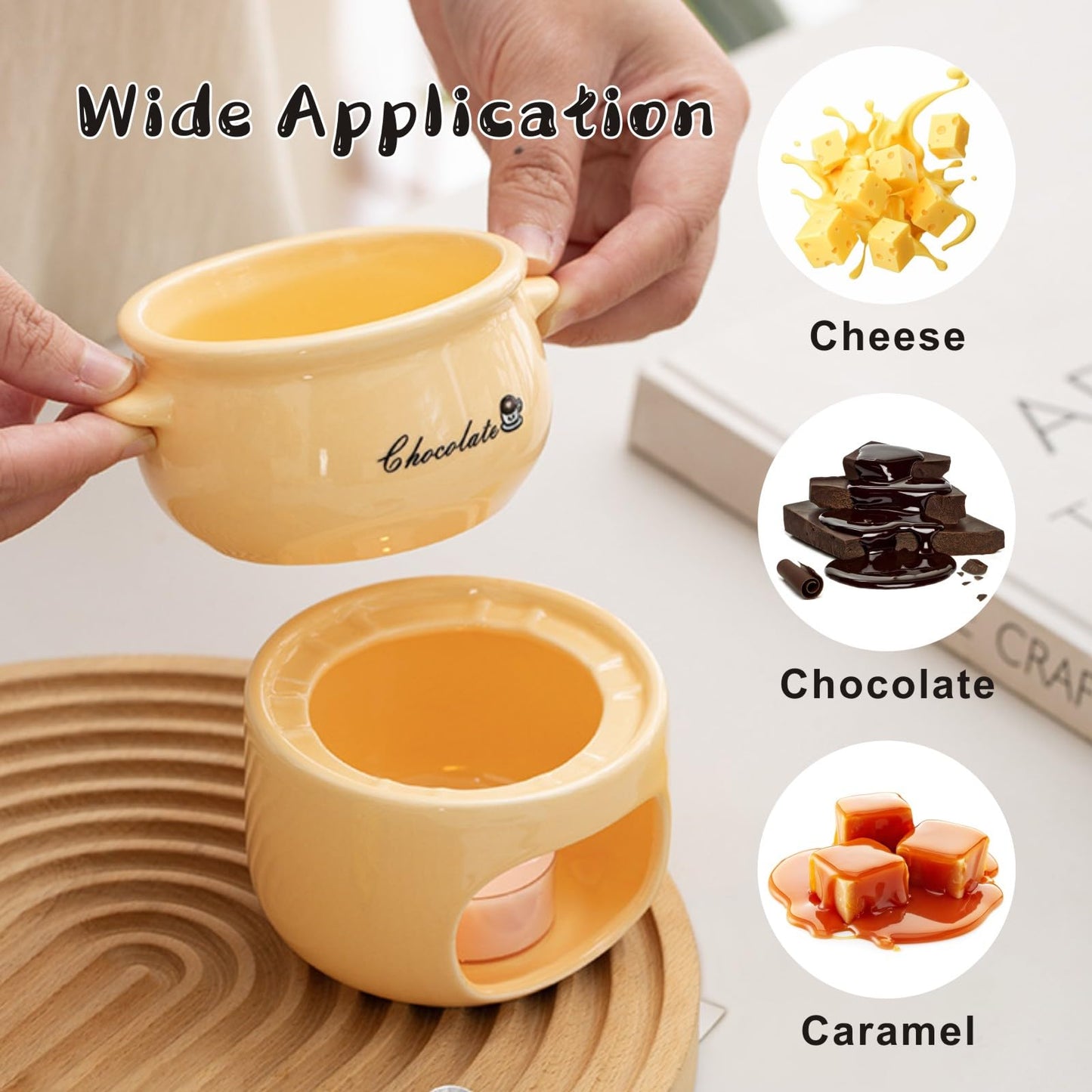 HELAIMAY Sweet Fondue Cup with Fork, Cheese Desserts Marshmallows Chocolate Melting Cup, Ceramic Fondue Mug Set for Date Night Party Wedding or Holiday Gift, Cream, 1Piece