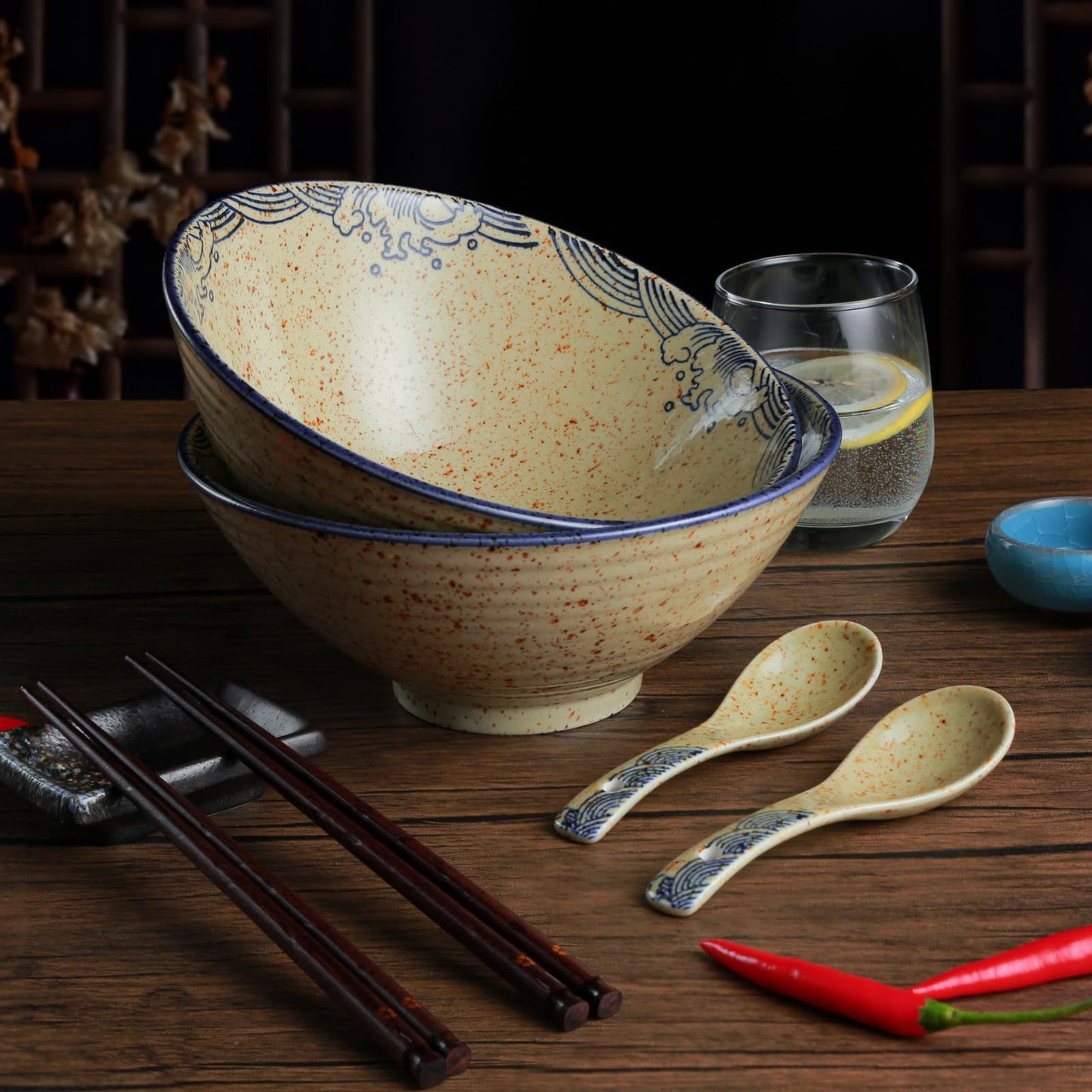 Niturceal Ceramic Ramen Bowl Set of 2, 40oz Japanese Noodle Bowls with Spoons & Chopsticks Porcelain Large Soup Bowl for Pho, Udon, Retro Style Tableware Microwave & Dishwasher Safe, Fish