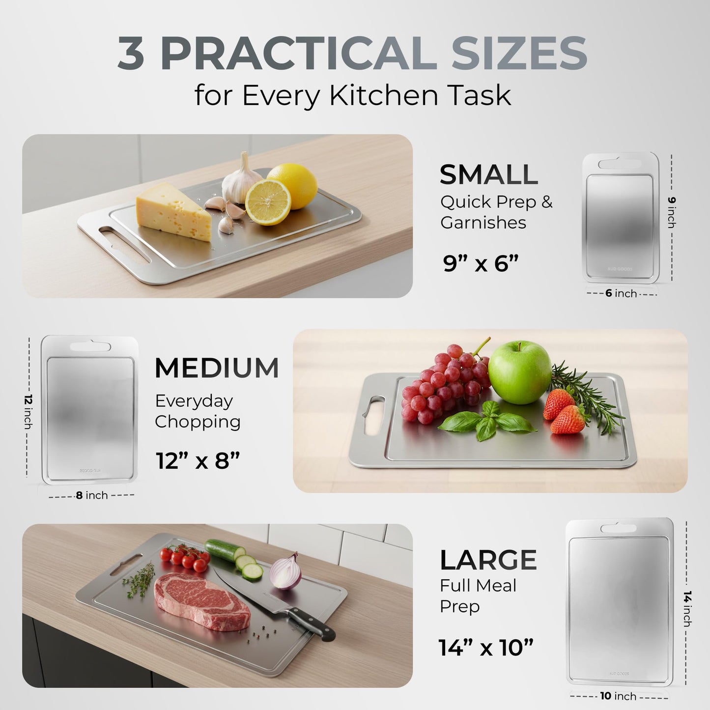 Stainless Steel Cutting Boards For Kitchen - Stainless Steel Cutting Board with Juice Grooves, Double Sided, 3 Pack Sizes, Durable and Clean Chopping Boards for Home or Professional Use