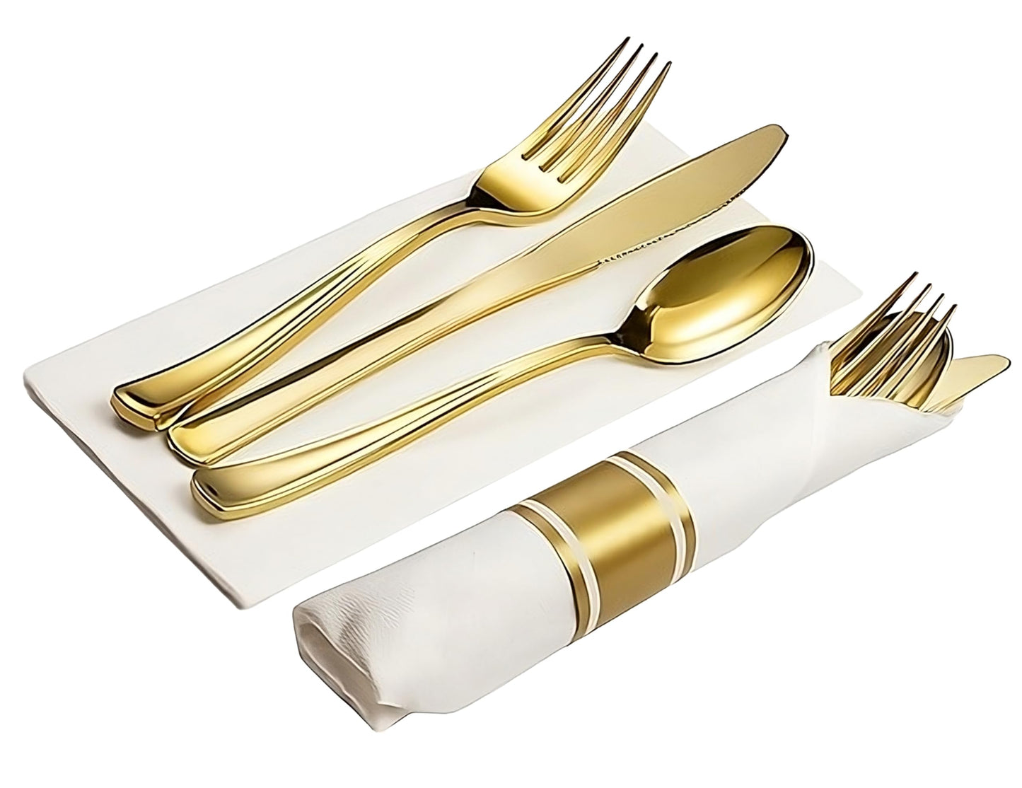 Neatiffy 50 Pack Gold Plastic Silverware Set, Pre Rolled Napkin and Cutlery Set with 50 Forks, 50 Knives, 50 Spoons, 50 Napkins, Utensils, Silverware for Parties, Weddings and Birthdays