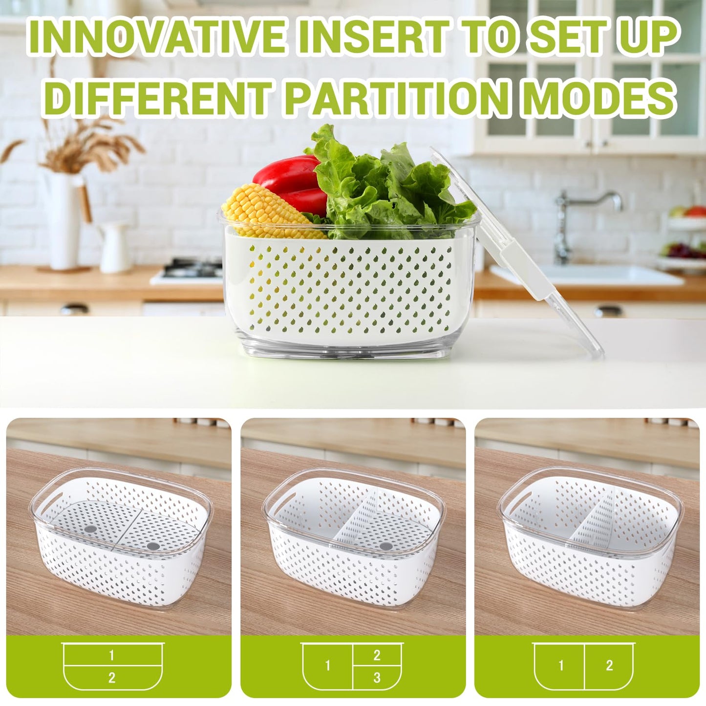 LUXEAR Fresh Produce Vegetable Fruit Storage Containers 3Piece Set, BPA-free, Partitioned Salad Container, Fridge Organizers, Used in Storing Fruits Vegetables, White