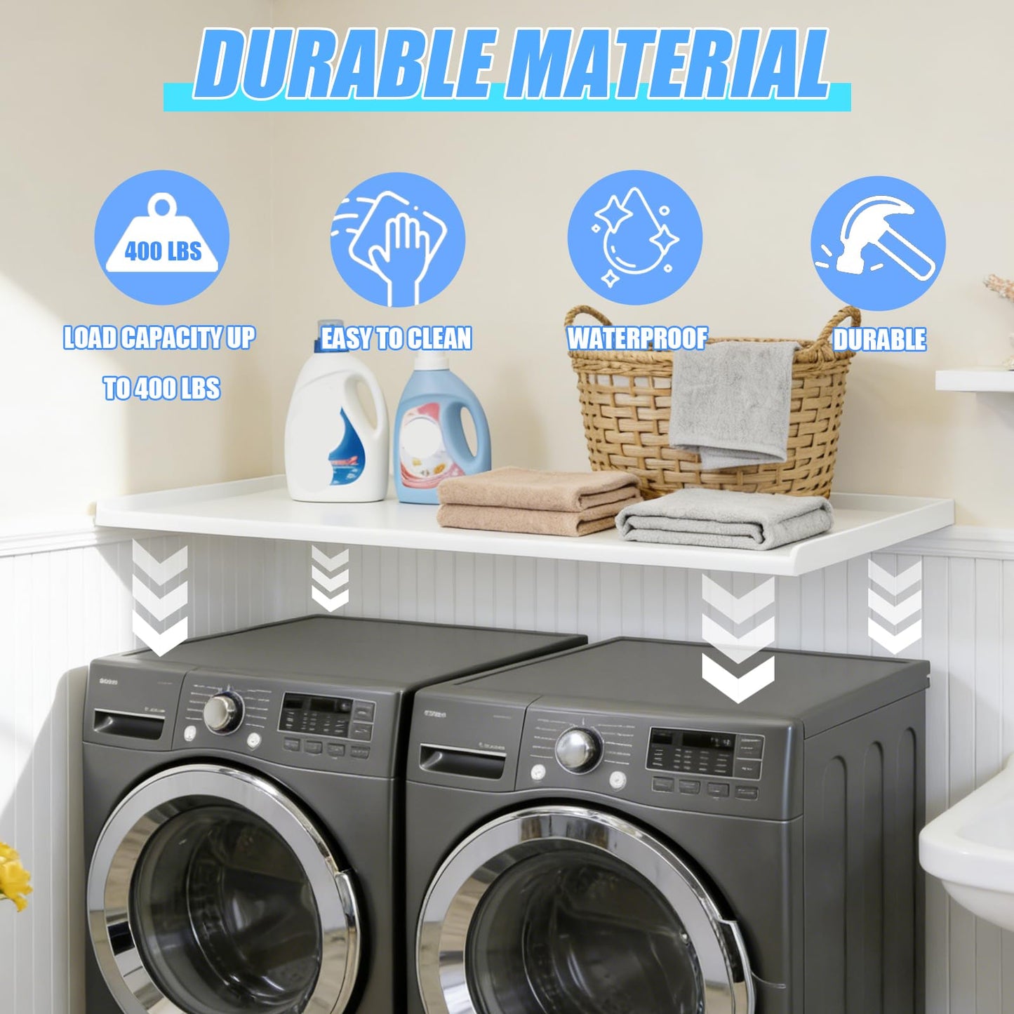 TTSZNB Washer Dryer Countertop, 54 in(L) x 27.5 in(W), Washer Dryer Top Cover, Laundry Countertop for Folding, Sorting and Ironing, Wear-Resistant and Easy to Clean (White)