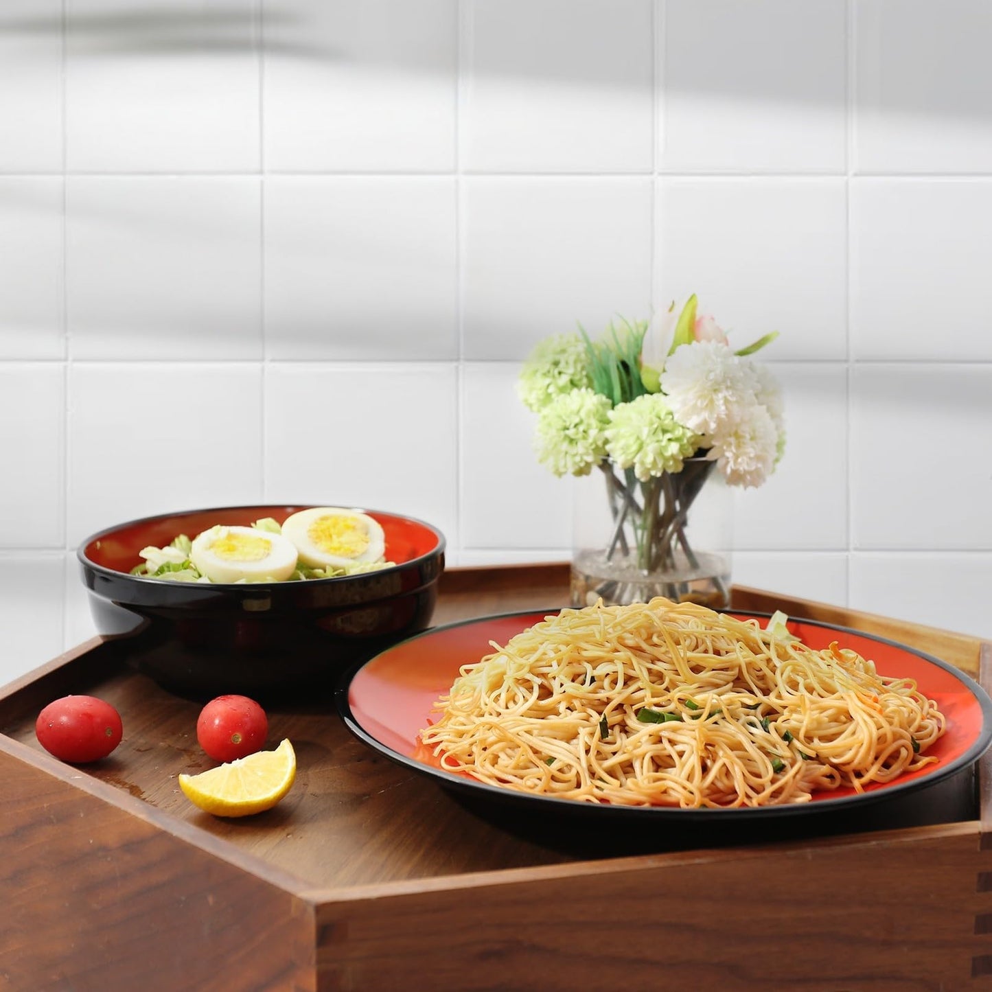 TP 38 oz Melamine Bowls Set for Ramen Pho Soup Pasta Salads, Set of 4 Large Japanese Bowls, Unbreakable Lightweight and Dishwasher Safe, Black and Red