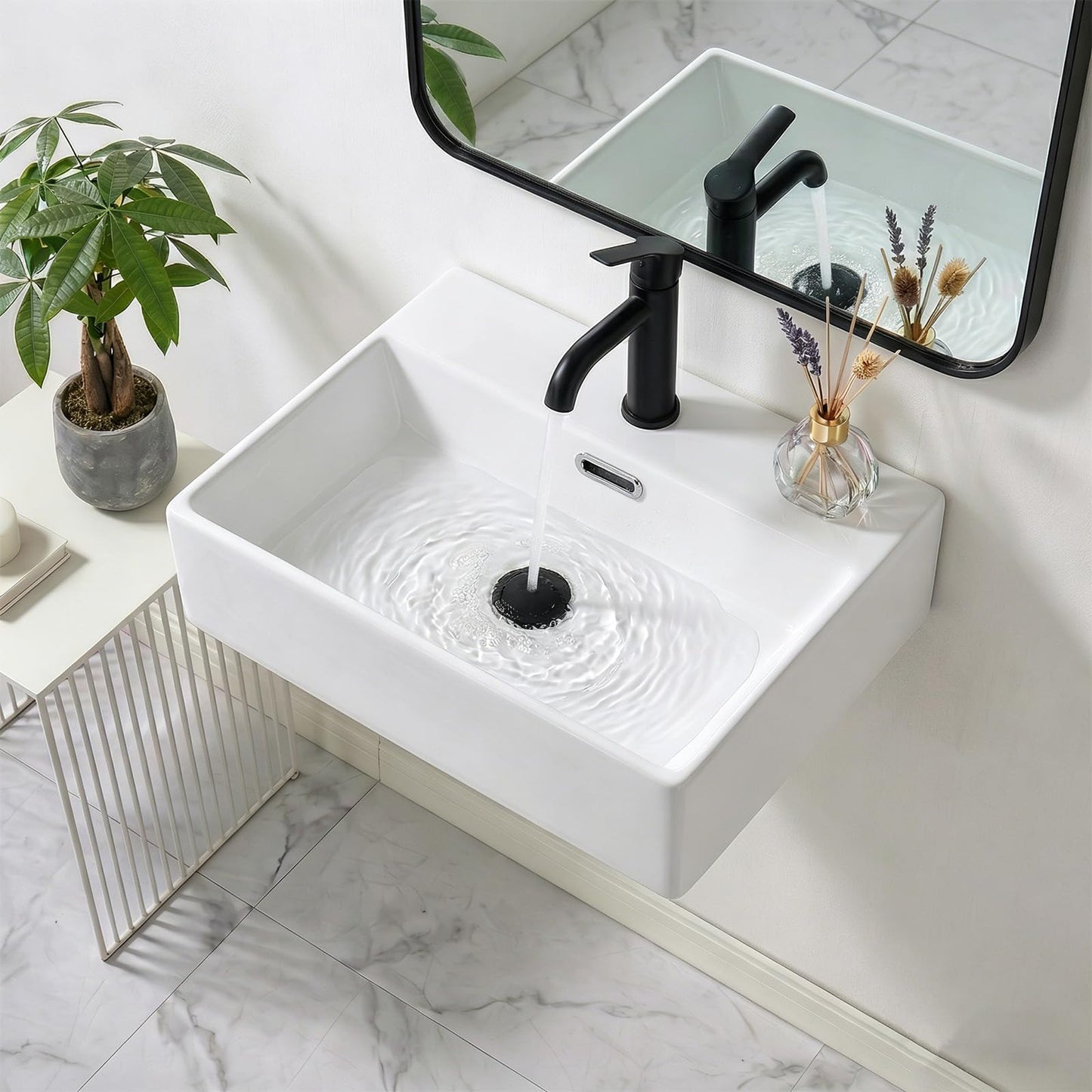 20 x 14 Inch Wall Mounted Bathroom Sink, NOHALIPY Modern White Rectangular Porcelain Floating Vessel Sink with Overflow, Corner Mount Ceramic Bathroom Sink for RV, Restroom and Toilet, Easy to Install