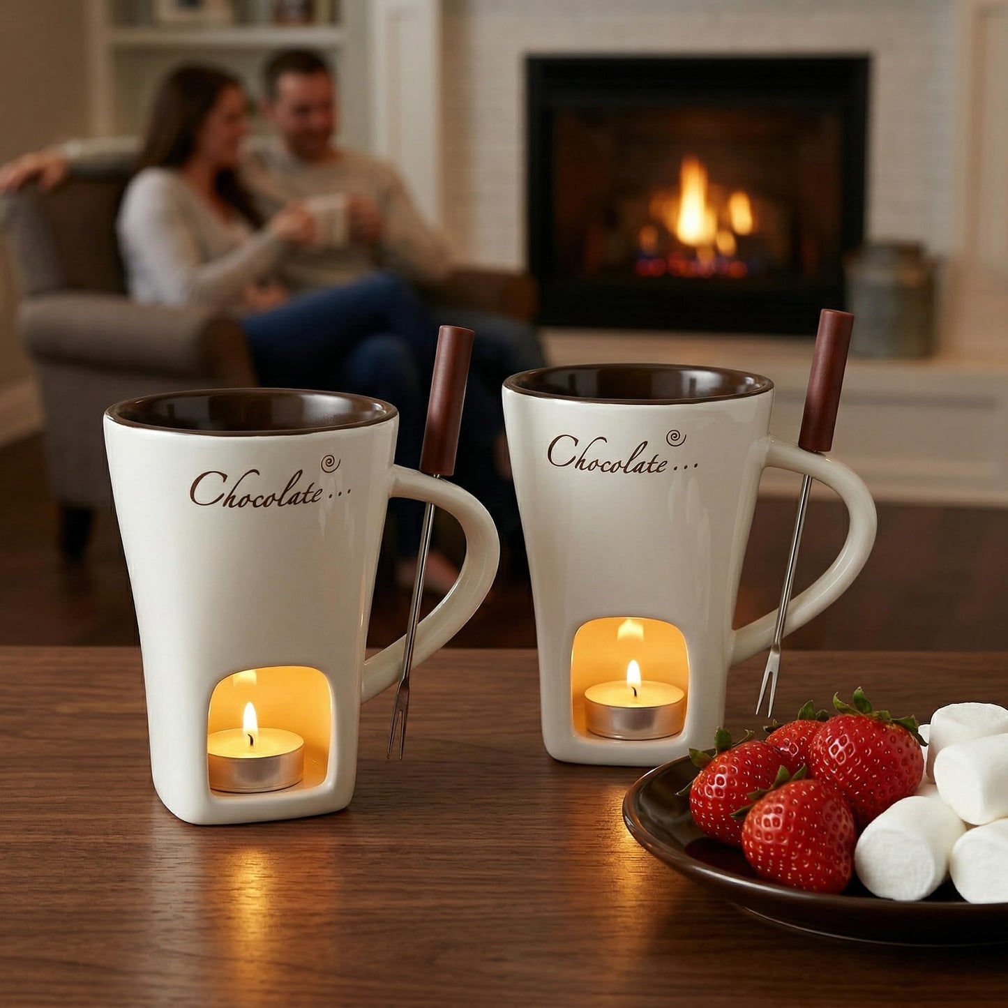 DECHOUS 2 Pack Fondue Mugs, Ceramic Chocolate Melting Cups with 2 Forks, Personal Fondue Mugs Set for Chocolate, Cheese, Butter, Ideal for Date Night, Birthday, Parties, Wedding Gift