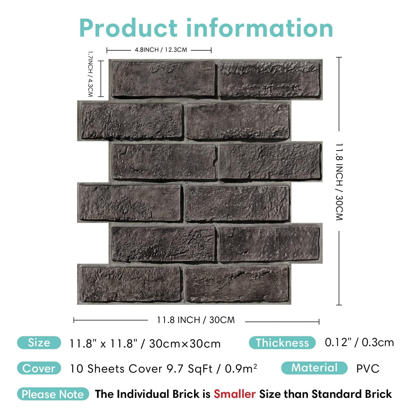 Commomy 3D Faux Brick Wallpaper Wall Tiles - 10 pcs 11.8" x 11.8" Small Size PVC Printable Brick Wall Panels Retro Brick Peel and Stick Backsplash for Kitchen, Bedroom, Living Room, RV