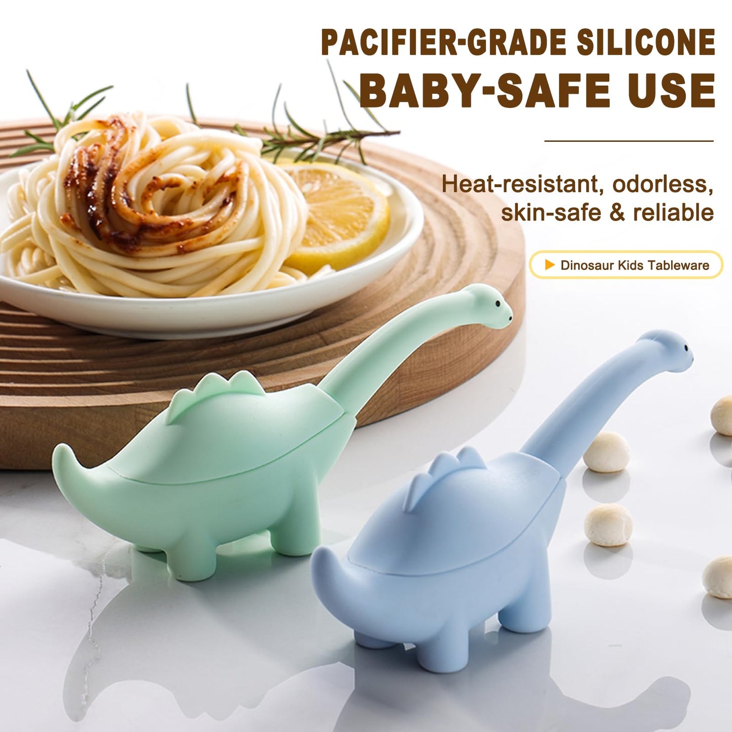 Toddler Utensils 2-Pack, Stainless Steel Baby Fork and Spoon Set with Cute Dinosaur Silicone Handles, Baby Kids Utensils, Children Safe Forks and Spoons, Dishwasher Safe (Blue)