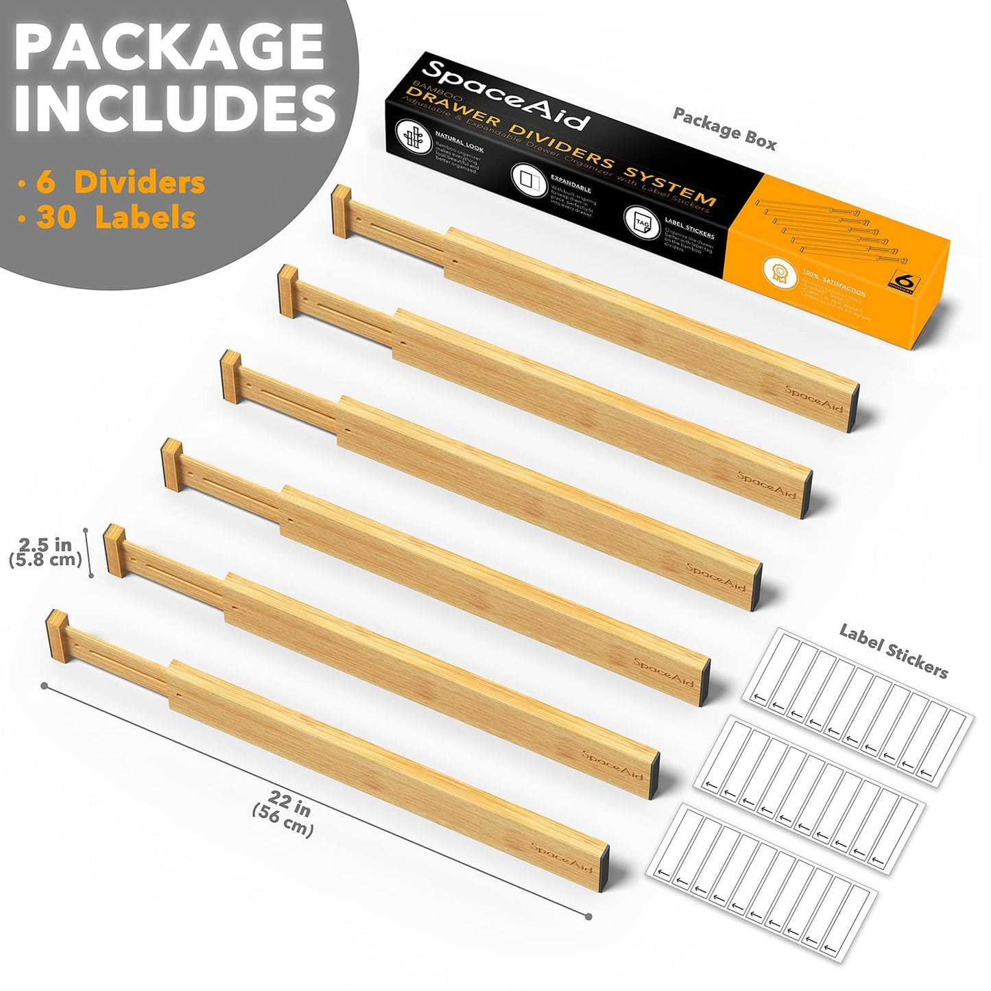 SpaceAid Bamboo Drawer Dividers with Labels, Kitchen Adjustable Drawer Organizers, Expandable Organization for Home, Office, Dressers and Bathroom, 6 Dividers (17-22 in)