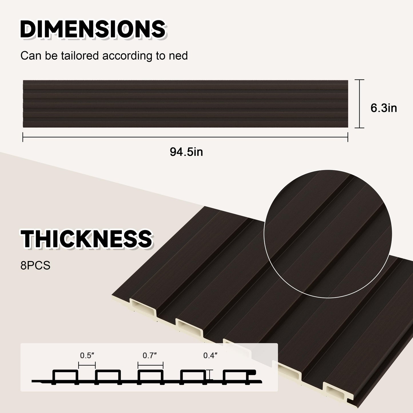POHARE Slat Wall Paneling,8-Pack 3D WPC Wood Wall Panels,Acoustic Wall Panels for Interior Wall Decor,Living Room,Bedroom,Black Brown,95 x 6 in