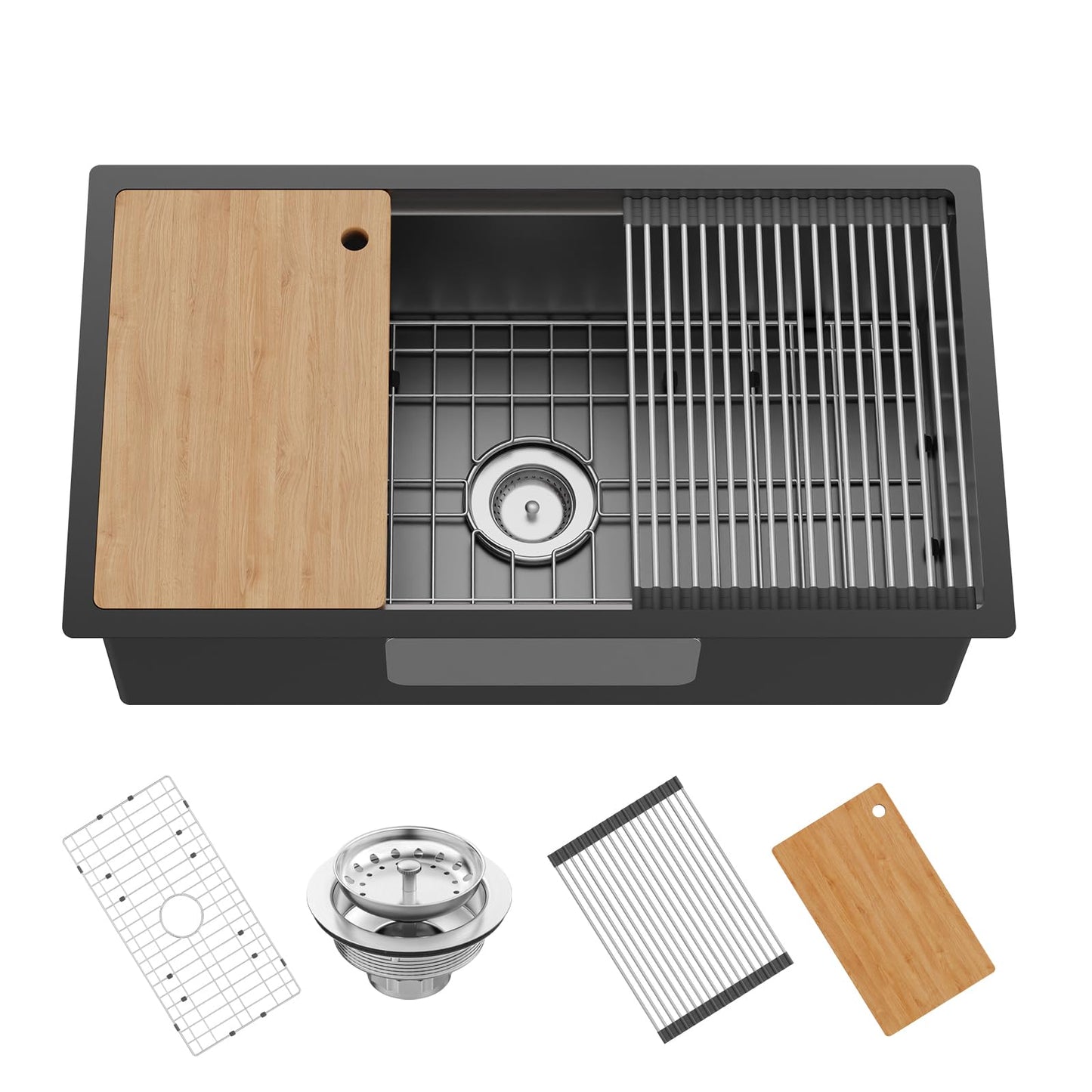 Black Kitchen Sink Workstation,32"x18" Stainless Steel Undermount Single Bowl Sink Built-in Ledge Drop In Workstation Sink Design For Placing/Sliding Accessories-Cutting Board,Drying Rack