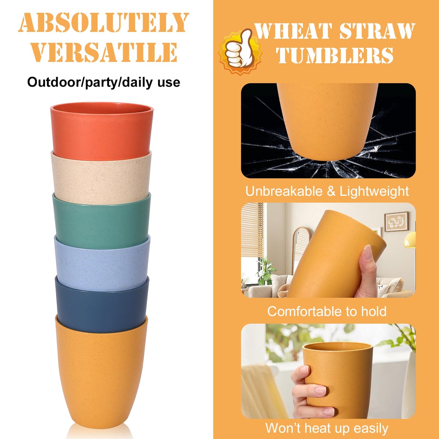 Dyrfolm 6 PCS Wheat Straw Cups,20 OZ Unbreakable Drinking Cup,Plastic Reusable Cups,Dishwasher Safe Water Cup Set for Home Kitchen Camping Party,Dinner,Lightweight & Stackable,Multicolor