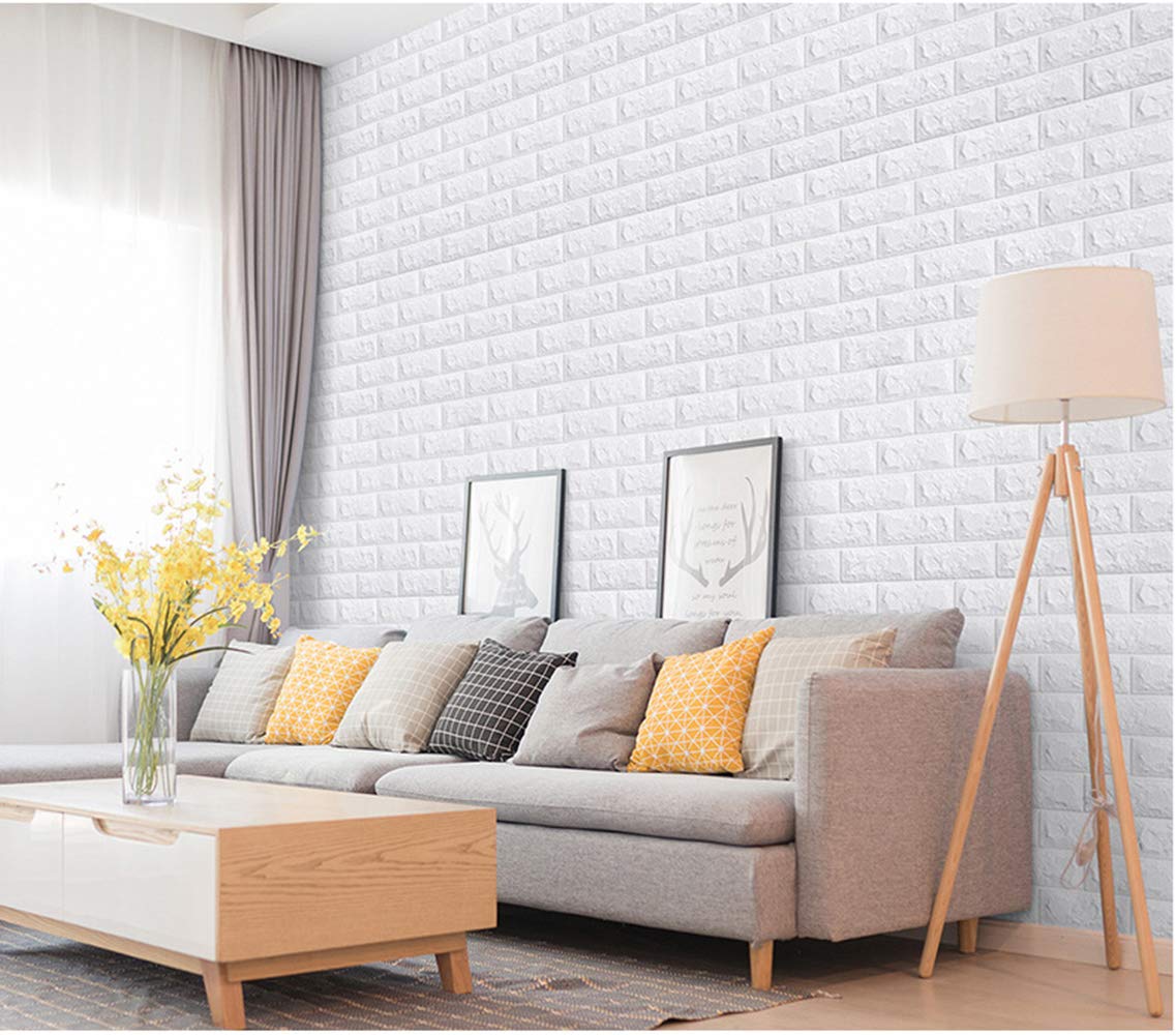 MYOYAY 10 Pcs 3D Wall Panels Peel and Stick 27.5 x 30.3 Inch (in Sum 57 sq.ft.) White Brick Wallpaper Self-Adhesive Foam Wall Panels for Living Room Bedroom Background Wall Decor