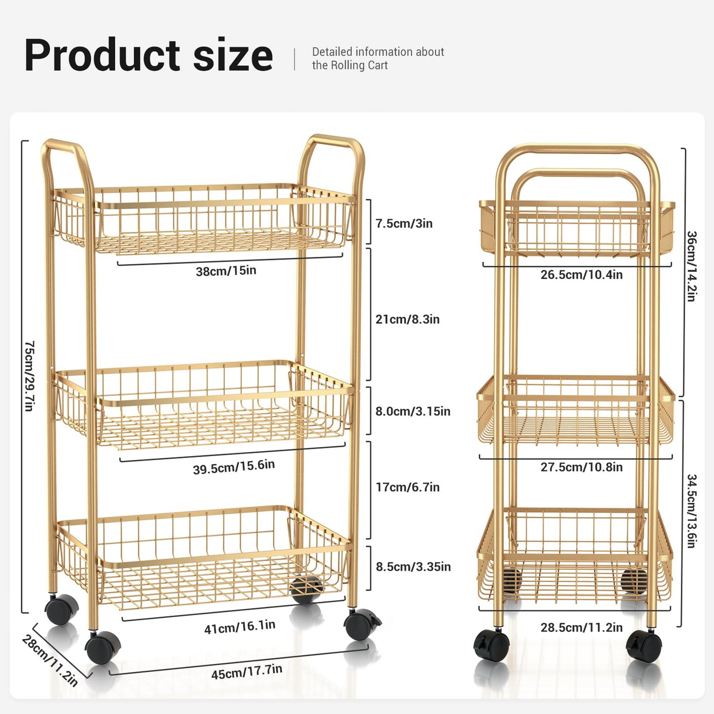 MNOPQ 3 Tier Rolling Utility Cart, Storage Trolley Service Cart with Wheels Easy Assembly for Kitchen, Living Room, Office, Salon, Gold