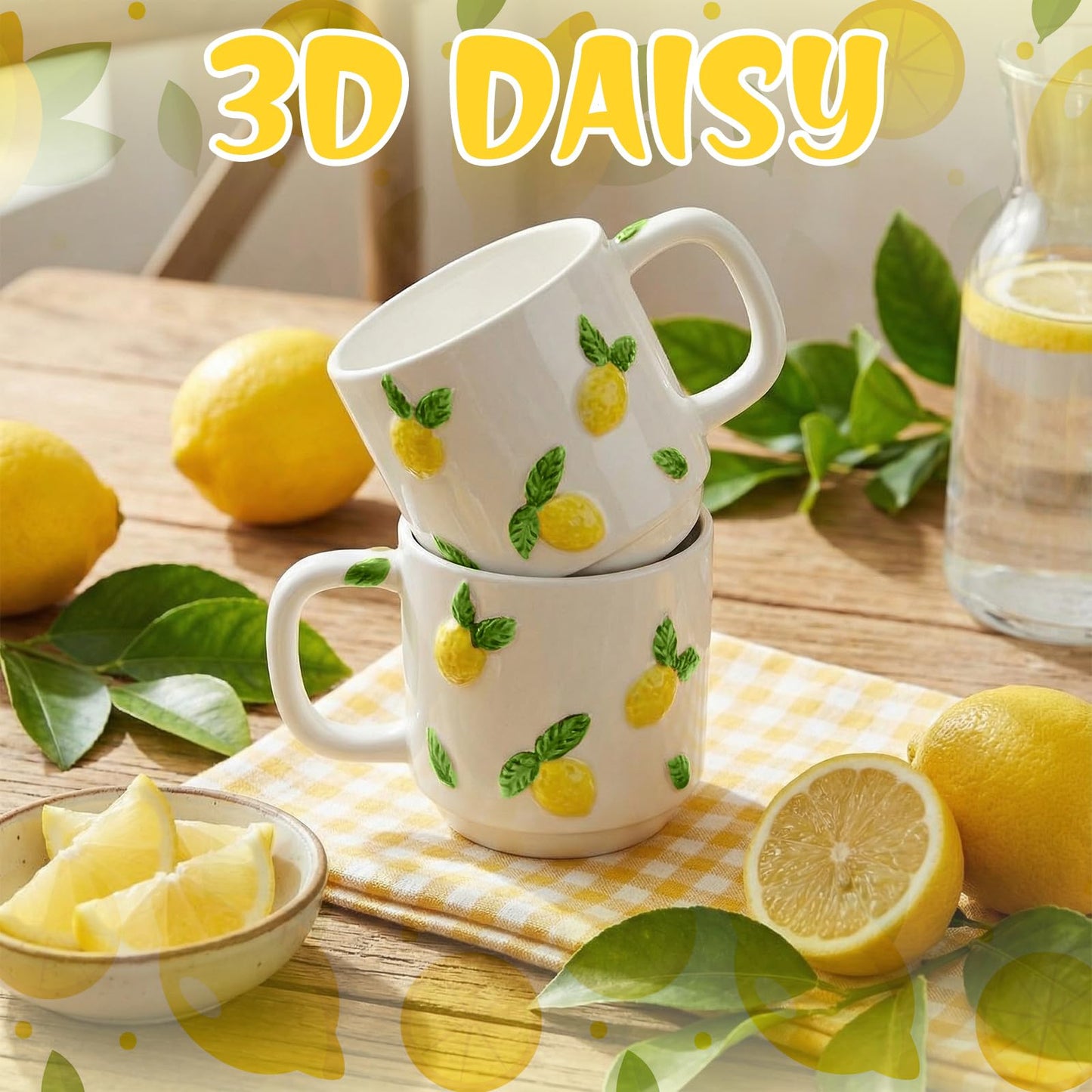 LemonRoad 2 Pcs Lemon Ceramic Coffee Mugs Handmade Pottery Coffee Cup 12 oz Stackable Cute Summer Mugs with Handle for Spring Summer Party Supplies Women Gifts