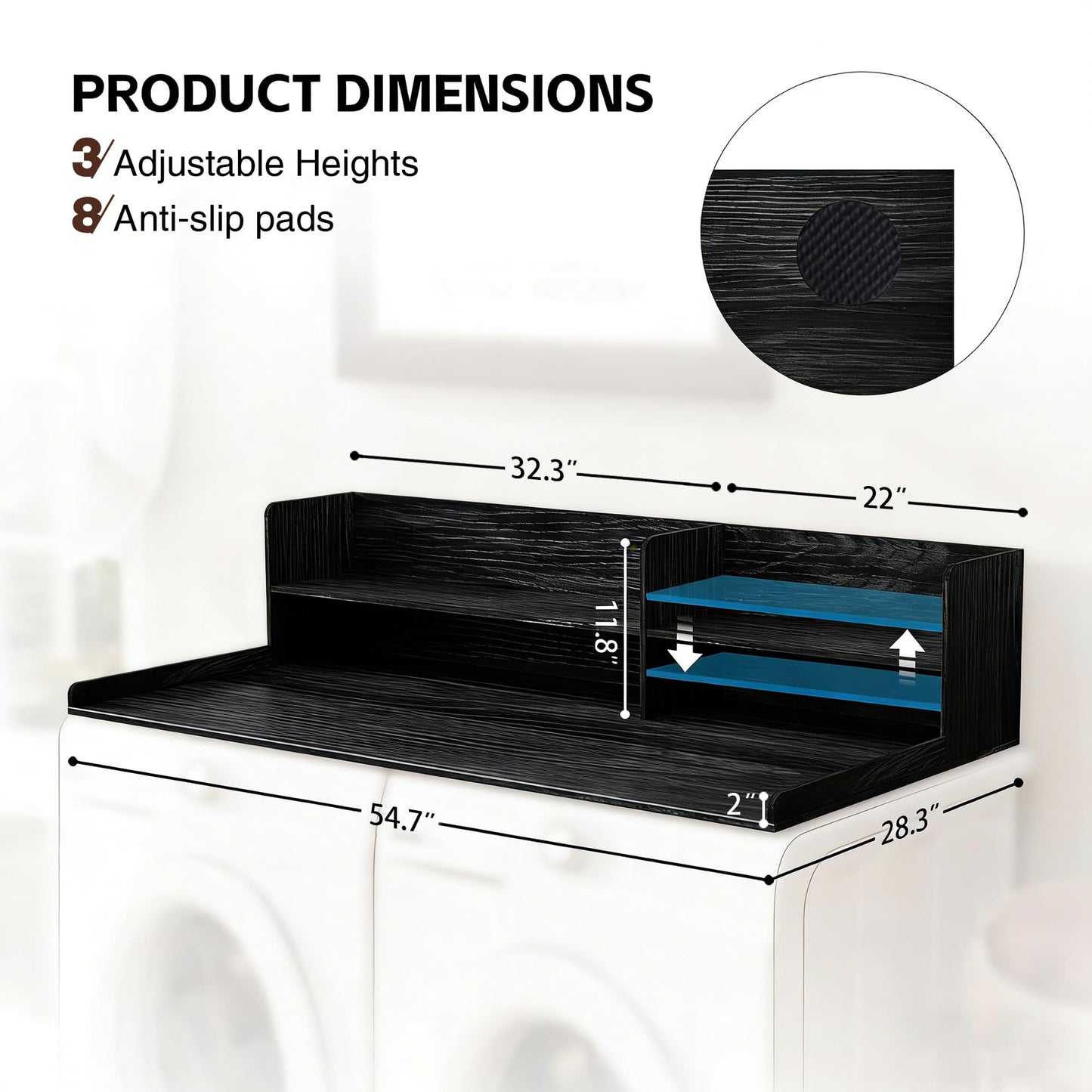 Desility 2 Tier Washer Dryer Countertop with Shelf, 54.7" W X 28.3" D Laundry Countertop with Non-Slip Pad, Wooden Washing Machine Topper for Folding, Sorting & Ironing, Black