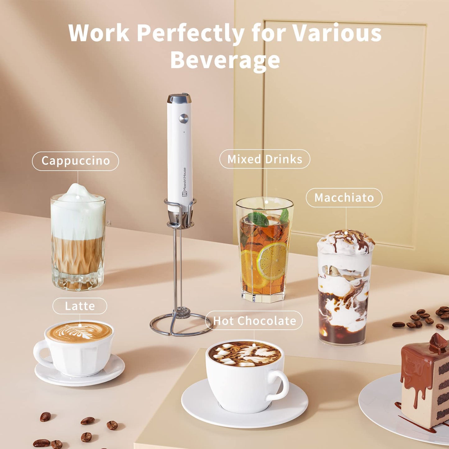 Maestri House Rechargeable Milk Frother with 3 Heads, LunaFro AS Handheld Electric Foam Maker Waterproof Detachable Stainless Steel Whisk Drink Mixer Foamer with Stand for Lattes, Cappuccino, Egg